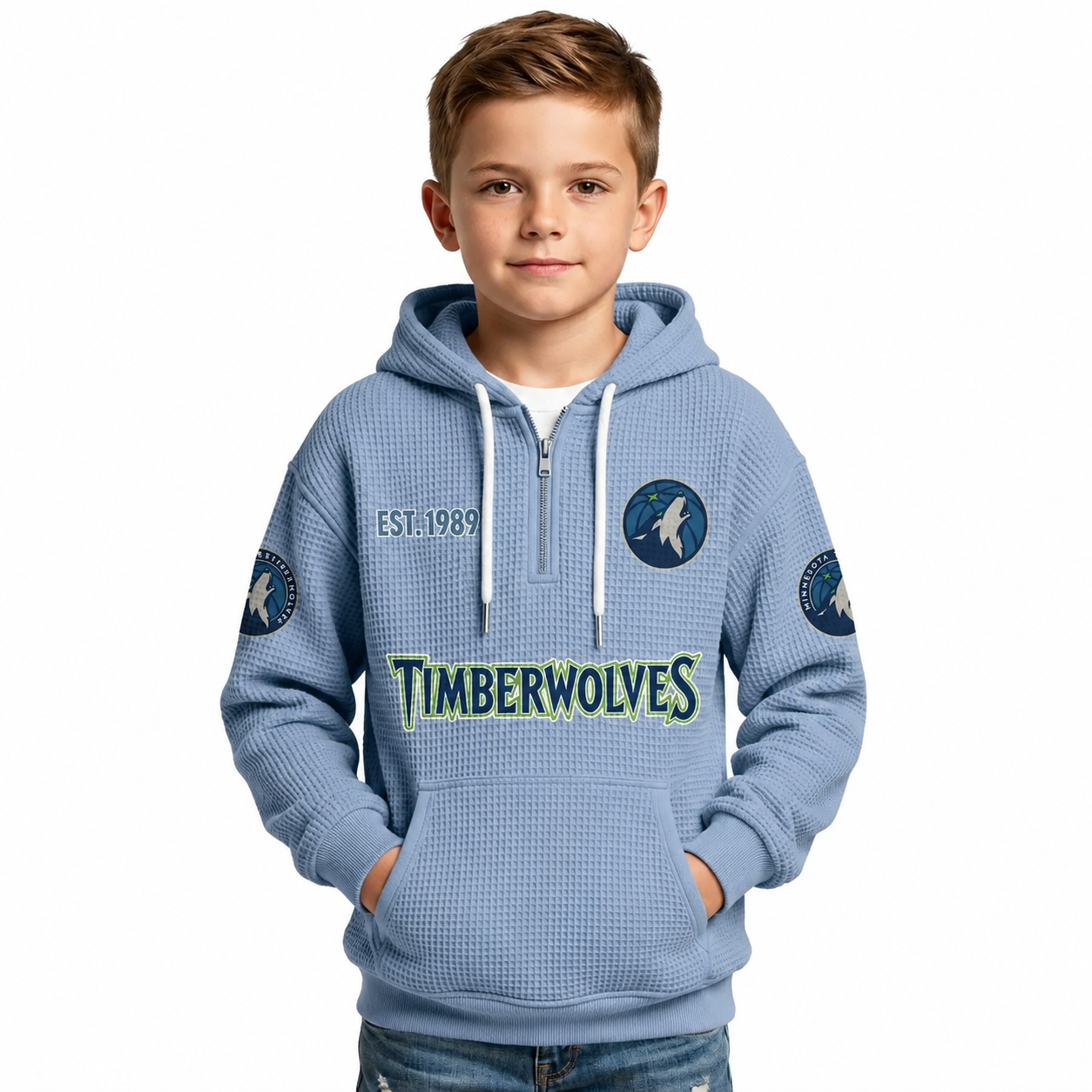 Minnesota Timberwolves EST 1989 Printed Waffle Quarter Zip Basketball Fan Hoodie For Kids