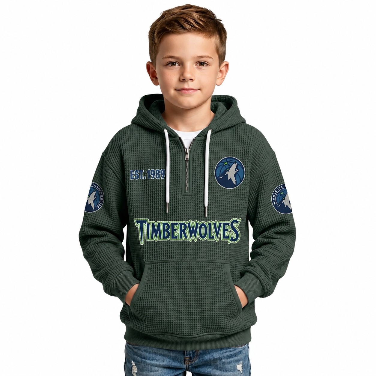 Minnesota Timberwolves EST 1989 Printed Waffle Quarter Zip Basketball Fan Hoodie For Kids