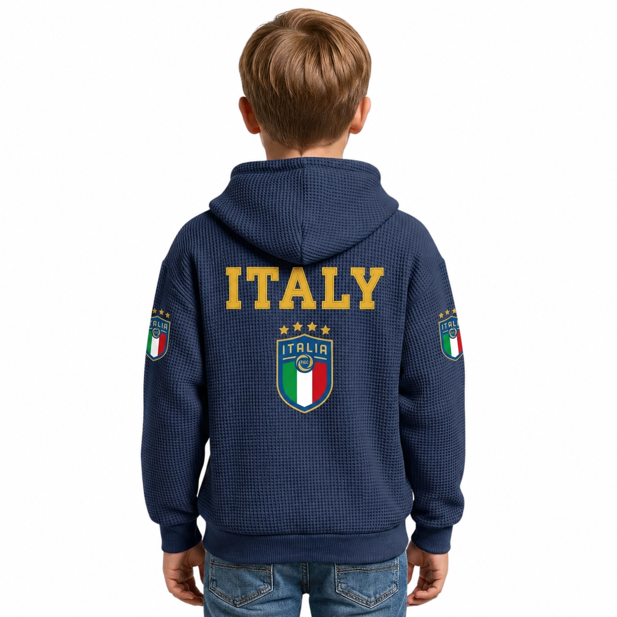 Italy Printed Waffle Quarter Zip Football Fan Hoodie For Kids