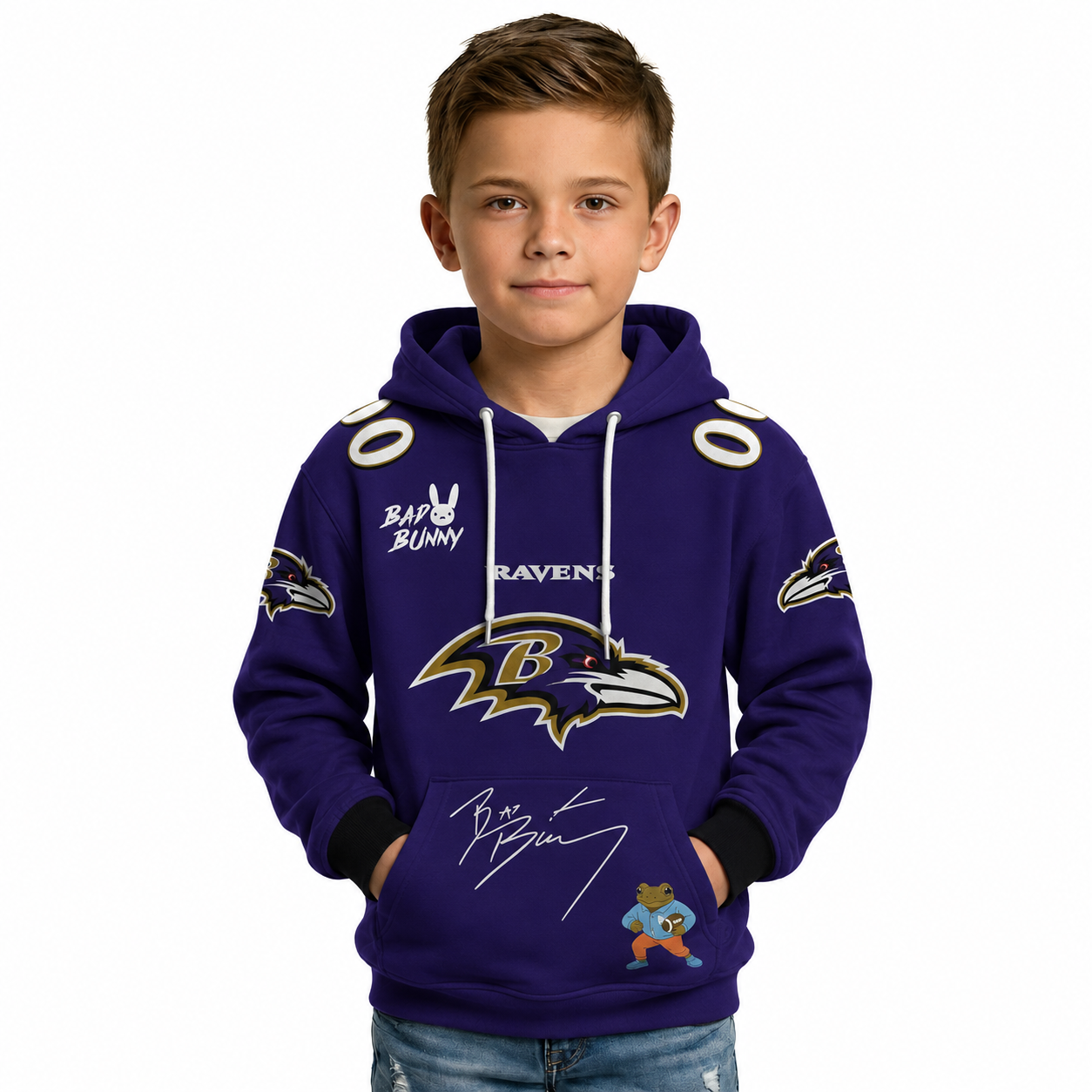 Personalized Bad Bunny Bowl LX Themed Baltimore Ravens Football Fan Hoodie For Kids