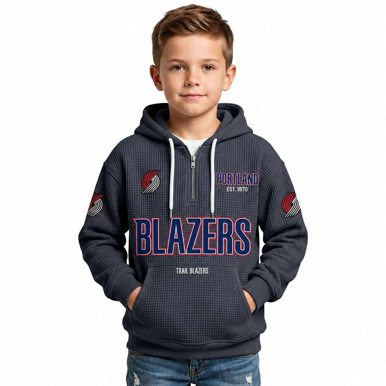 Portland Trail Blazers EST 1970 Printed Waffle Quarter Zip Basketball Fan Hoodie For Kids