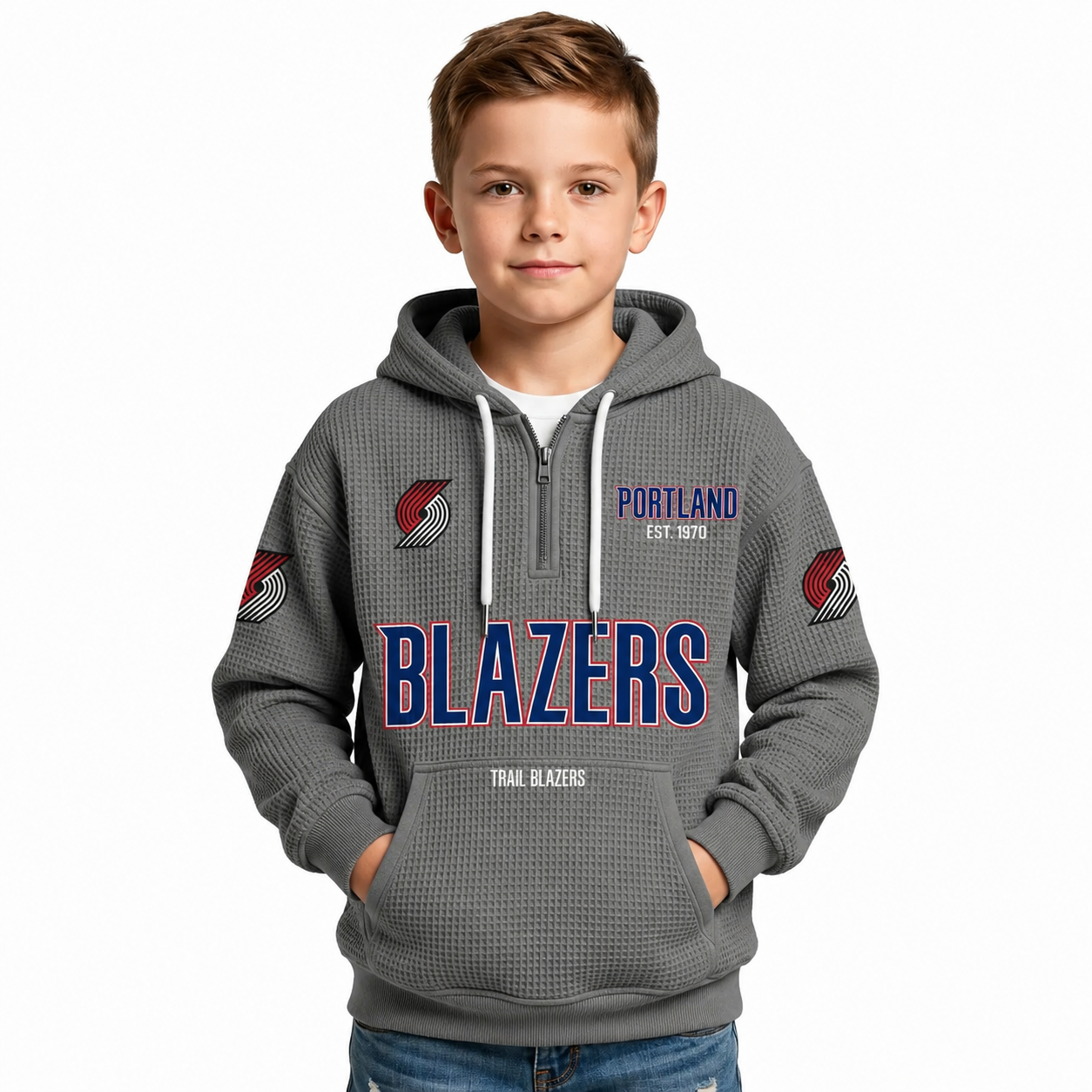 Portland Trail Blazers EST 1970 Printed Waffle Quarter Zip Basketball Fan Hoodie For Kids