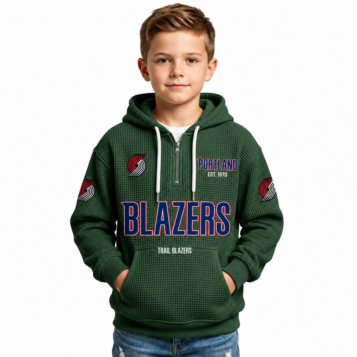 Portland Trail Blazers EST 1970 Printed Waffle Quarter Zip Basketball Fan Hoodie For Kids