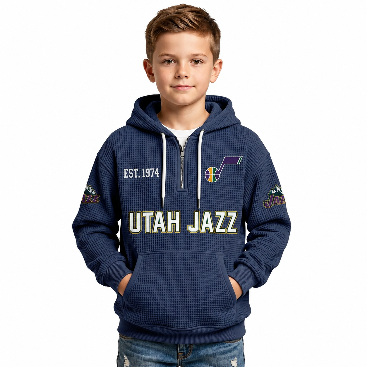 Utah Jazz EST 1974 Printed Waffle Quarter Zip Basketball Fan Hoodie For Kids