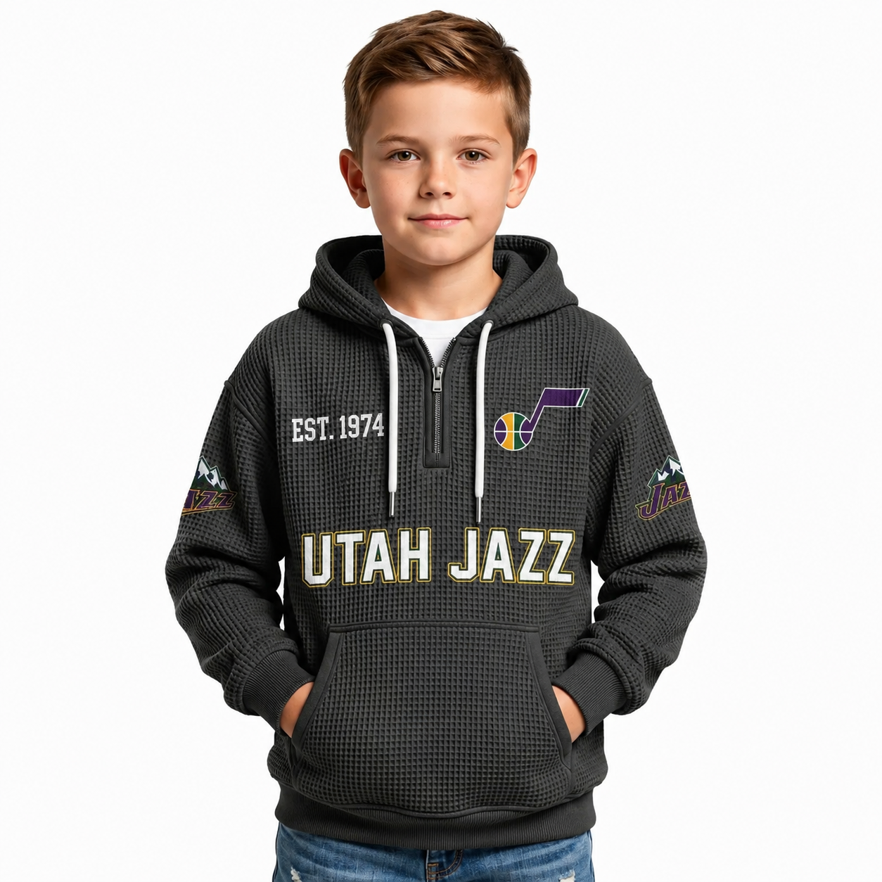 Utah Jazz EST 1974 Printed Waffle Quarter Zip Basketball Fan Hoodie For Kids