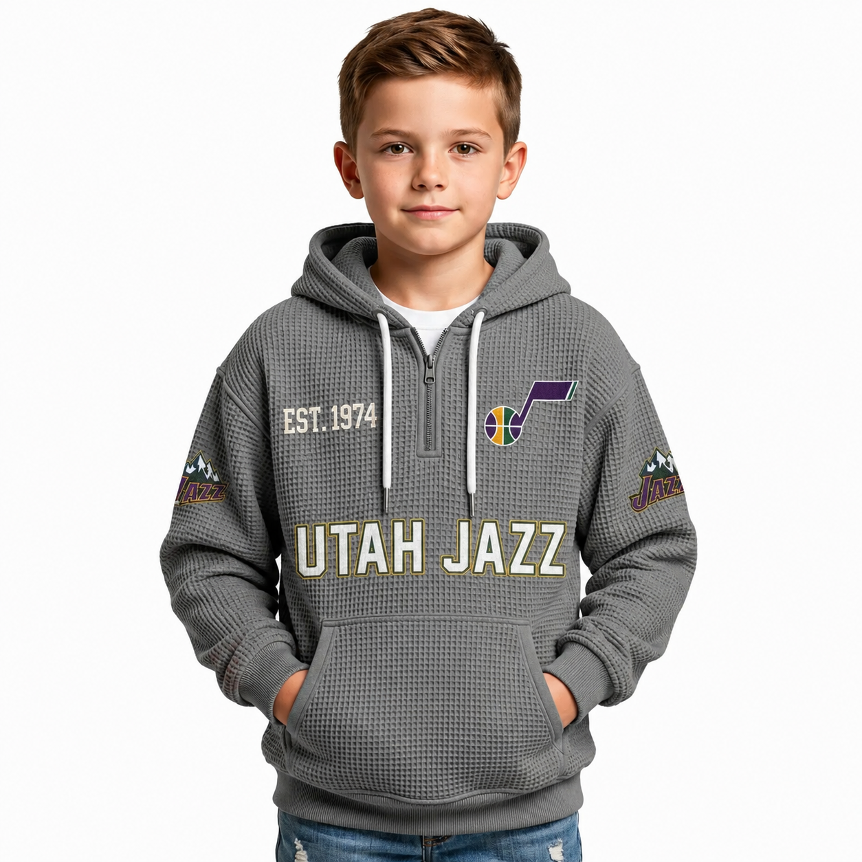 Utah Jazz EST 1974 Printed Waffle Quarter Zip Basketball Fan Hoodie For Kids