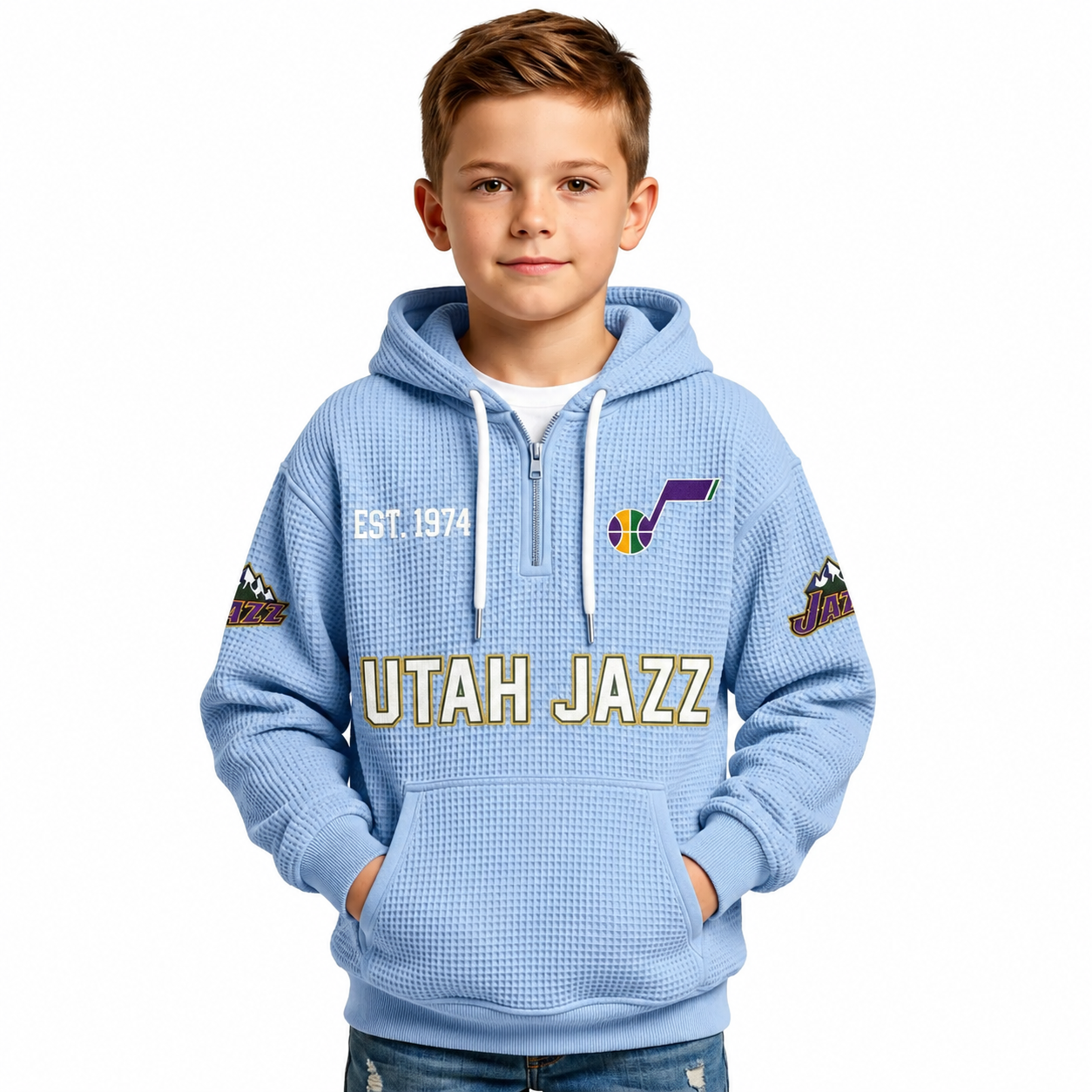 Utah Jazz EST 1974 Printed Waffle Quarter Zip Basketball Fan Hoodie For Kids