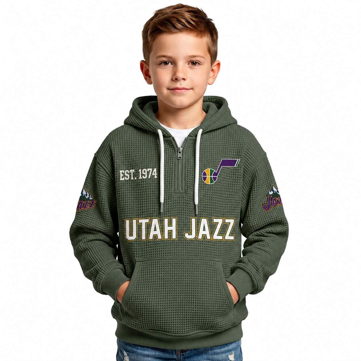Utah Jazz EST 1974 Printed Waffle Quarter Zip Basketball Fan Hoodie For Kids