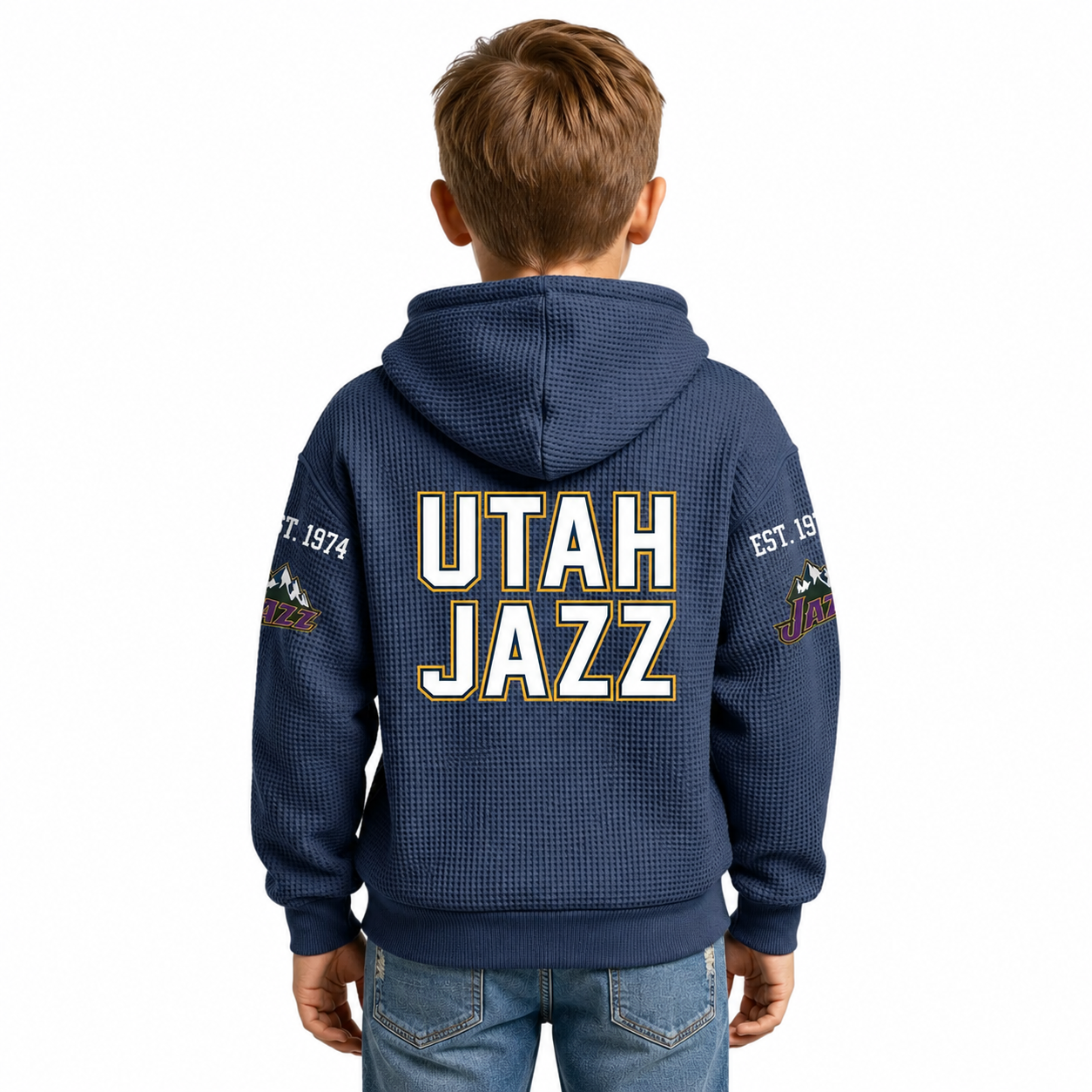 Utah Jazz EST 1974 Printed Waffle Quarter Zip Basketball Fan Hoodie For Kids