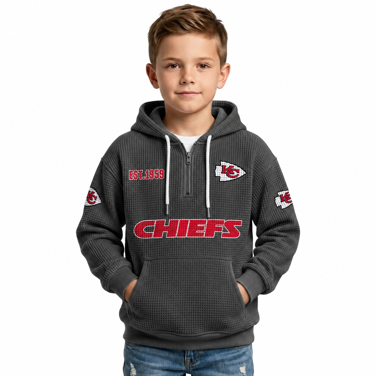 Kansas City Chiefs EST 1959 Printed Waffle Quarter Zip Football Fan Hoodie For Kids