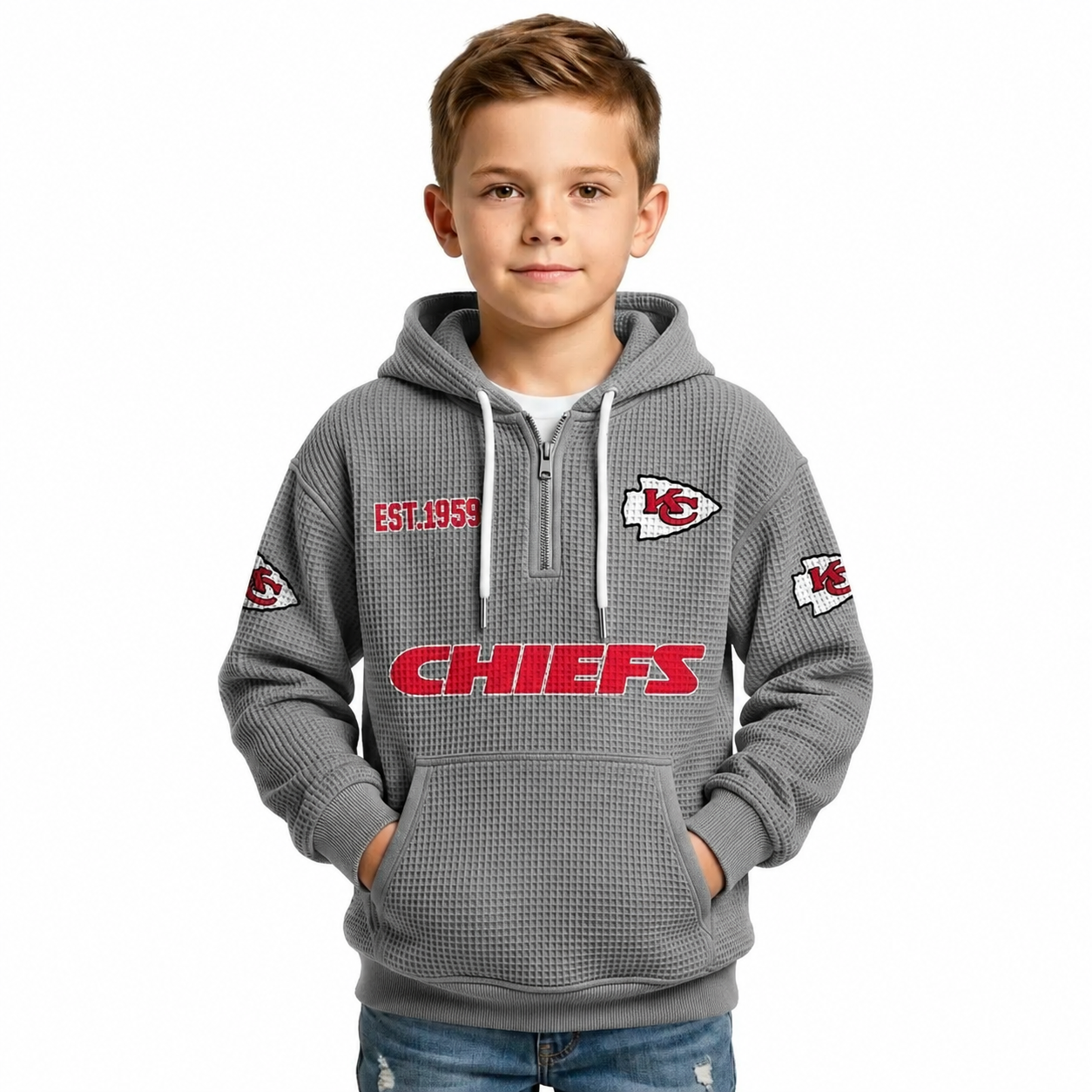 Kansas City Chiefs EST 1959 Printed Waffle Quarter Zip Football Fan Hoodie For Kids