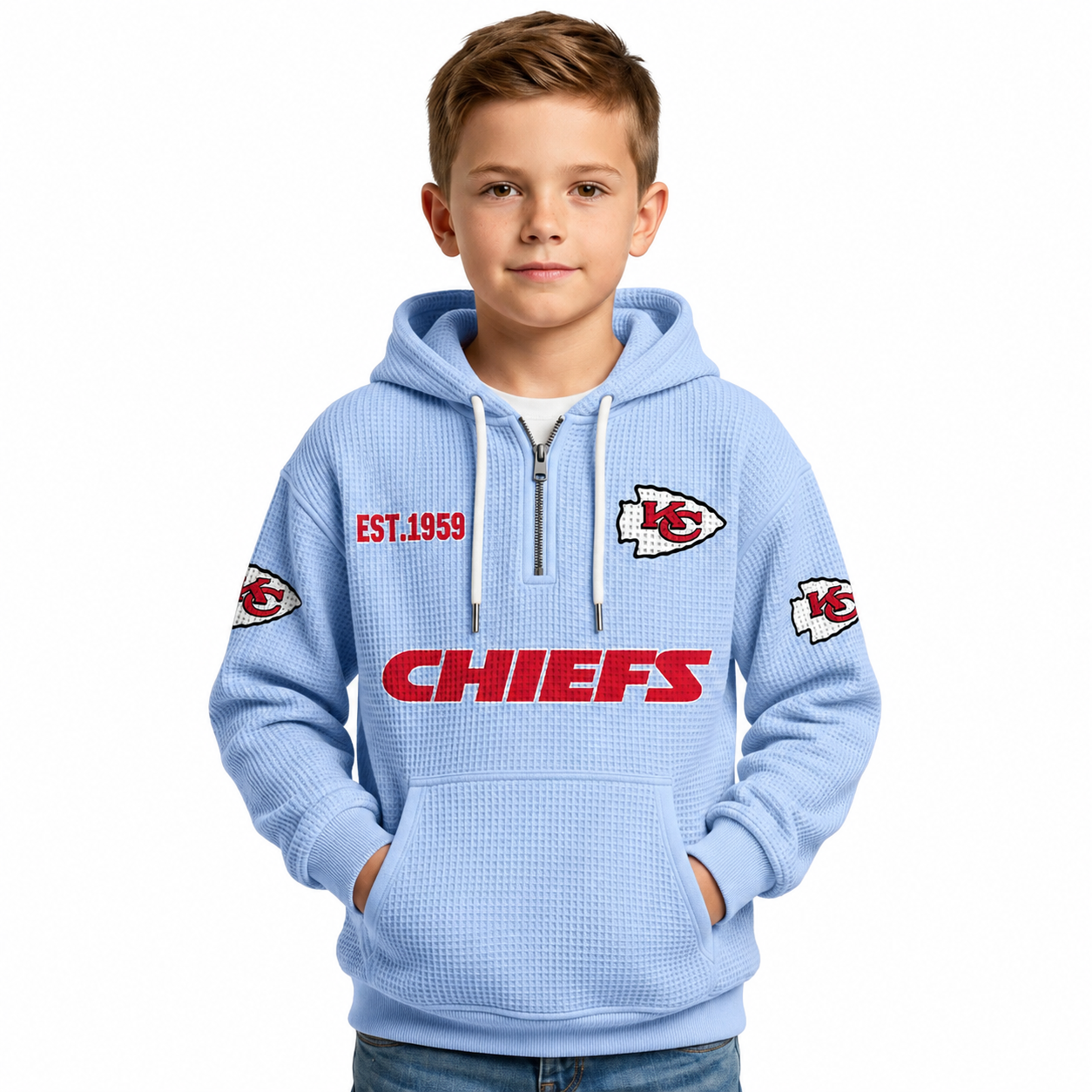 Kansas City Chiefs EST 1959 Printed Waffle Quarter Zip Football Fan Hoodie For Kids