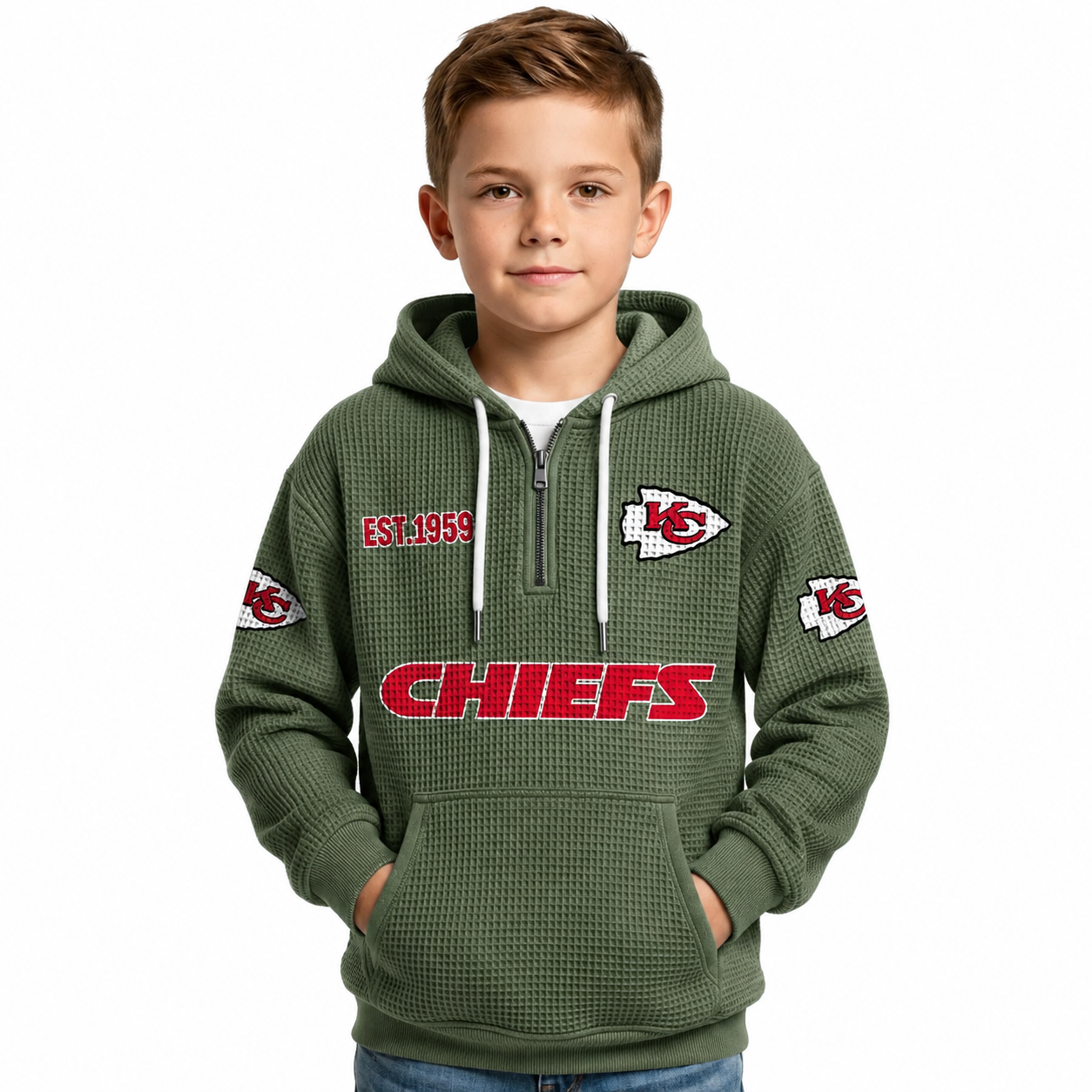 Kansas City Chiefs EST 1959 Printed Waffle Quarter Zip Football Fan Hoodie For Kids