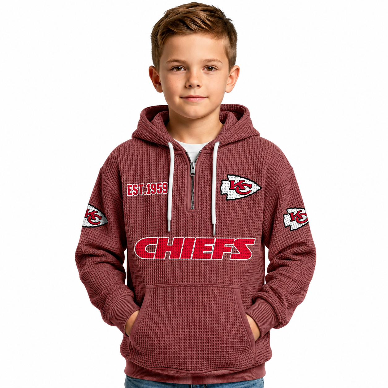 Kansas City Chiefs EST 1959 Printed Waffle Quarter Zip Football Fan Hoodie For Kids