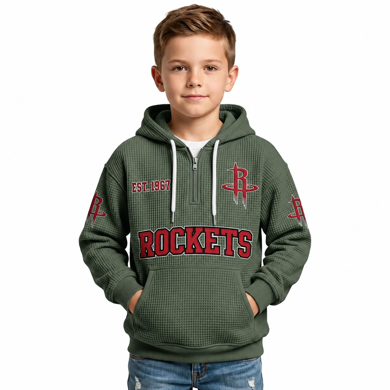 Houston Rockets EST 1967 Printed Waffle Quarter Zip Basketball Fan Hoodie For Kids
