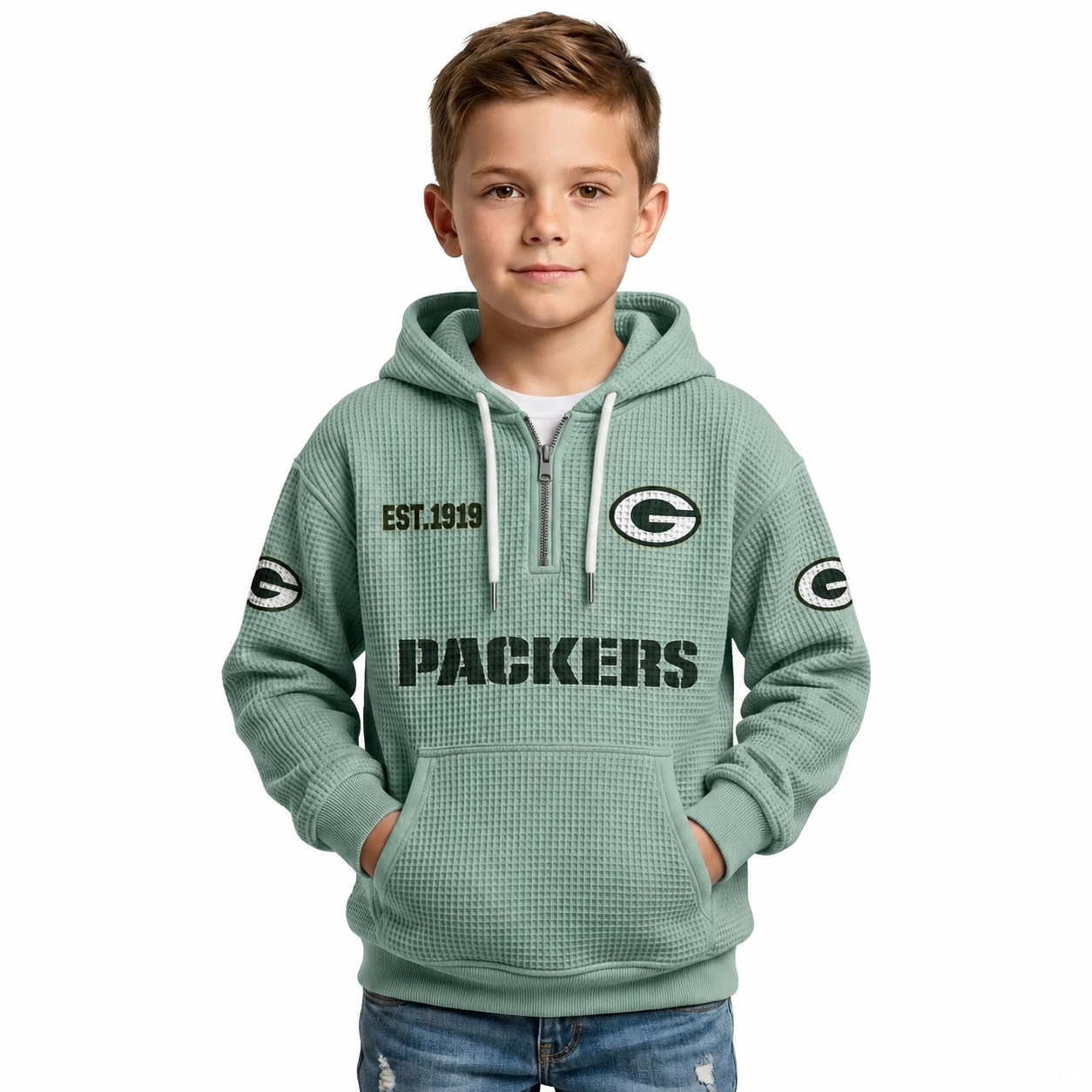Green Bay Packers Football Themed Quarter Zip Hoodie For Kids