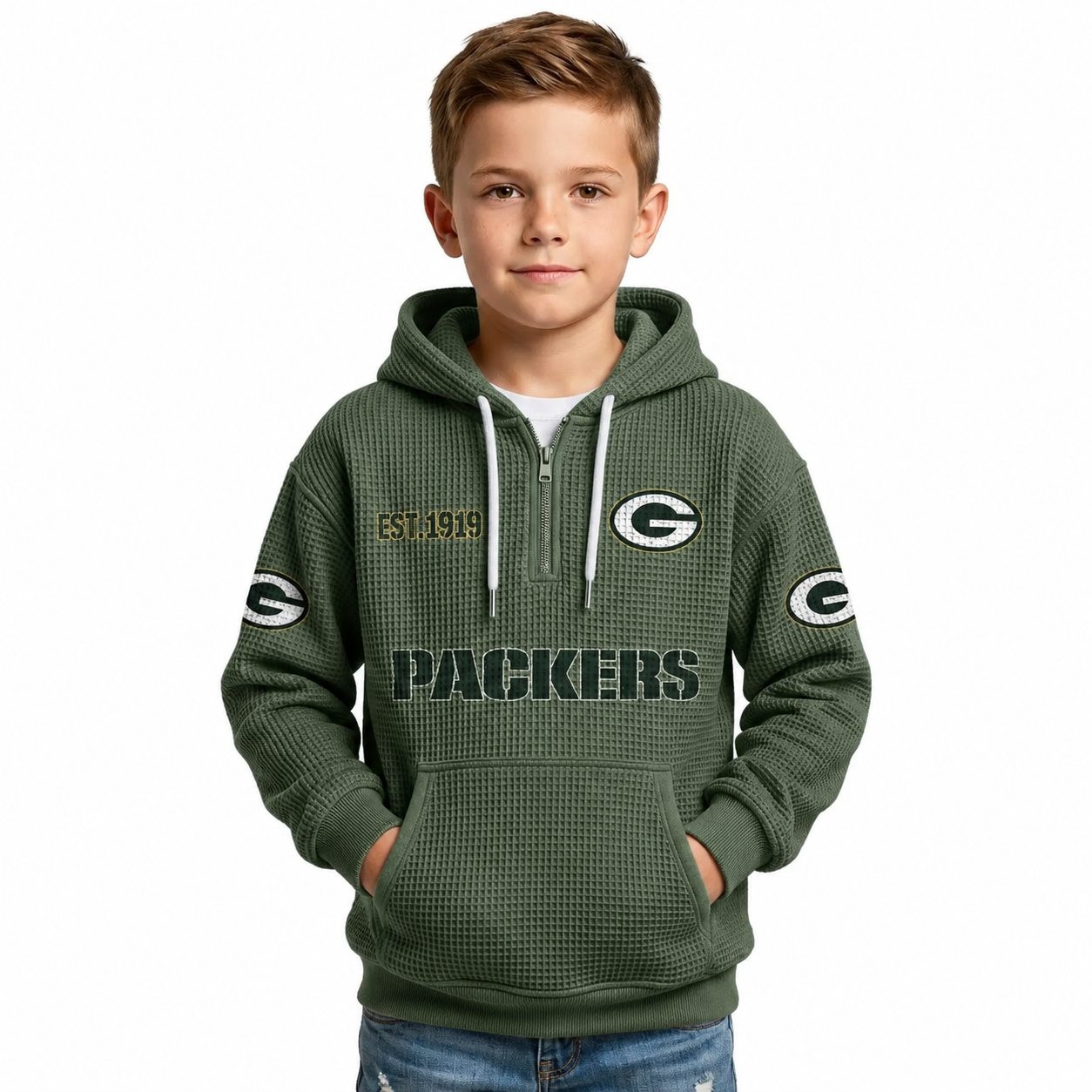Green Bay Packers Football Themed Quarter Zip Hoodie For Kids