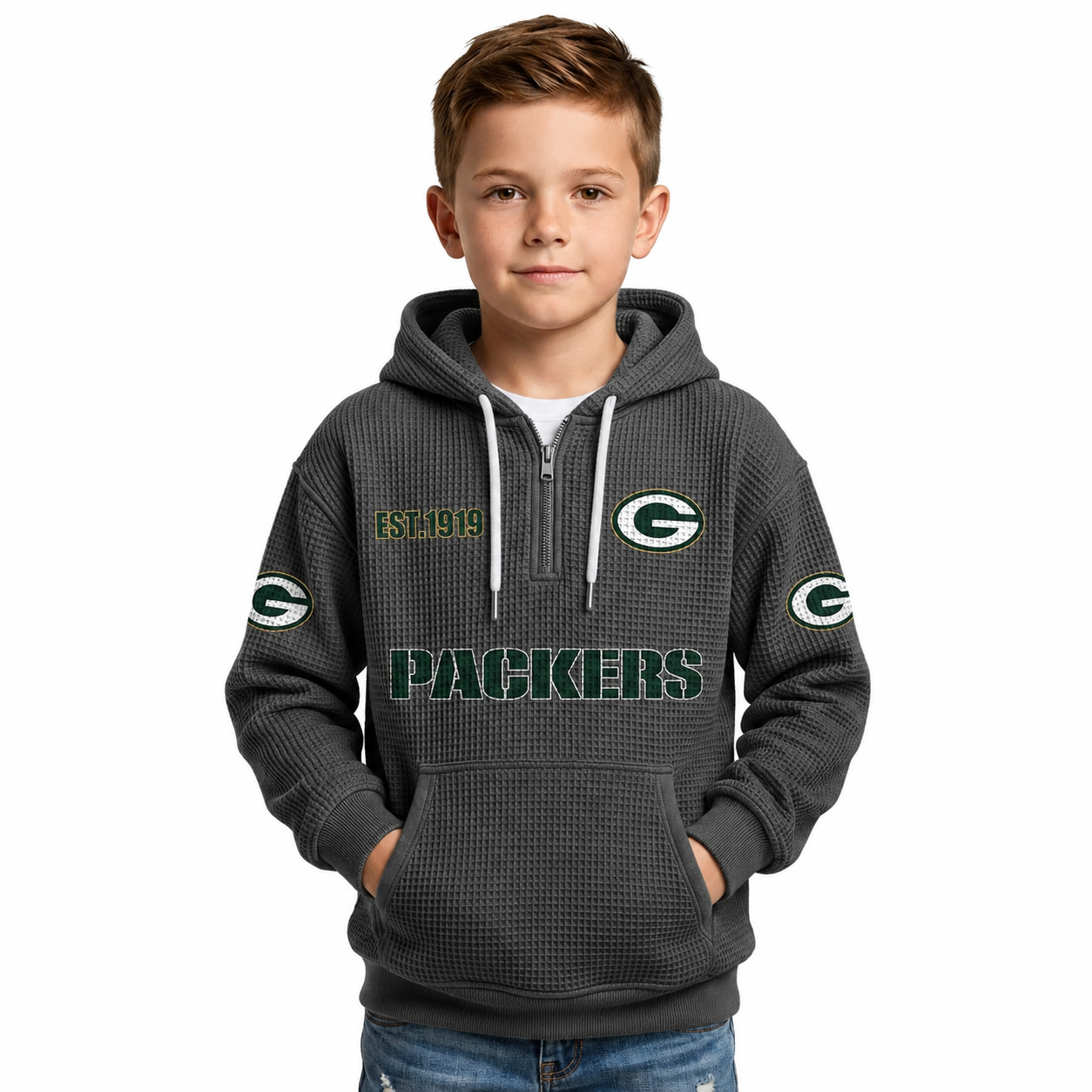 Green Bay Packers Football Themed Quarter Zip Hoodie For Kids