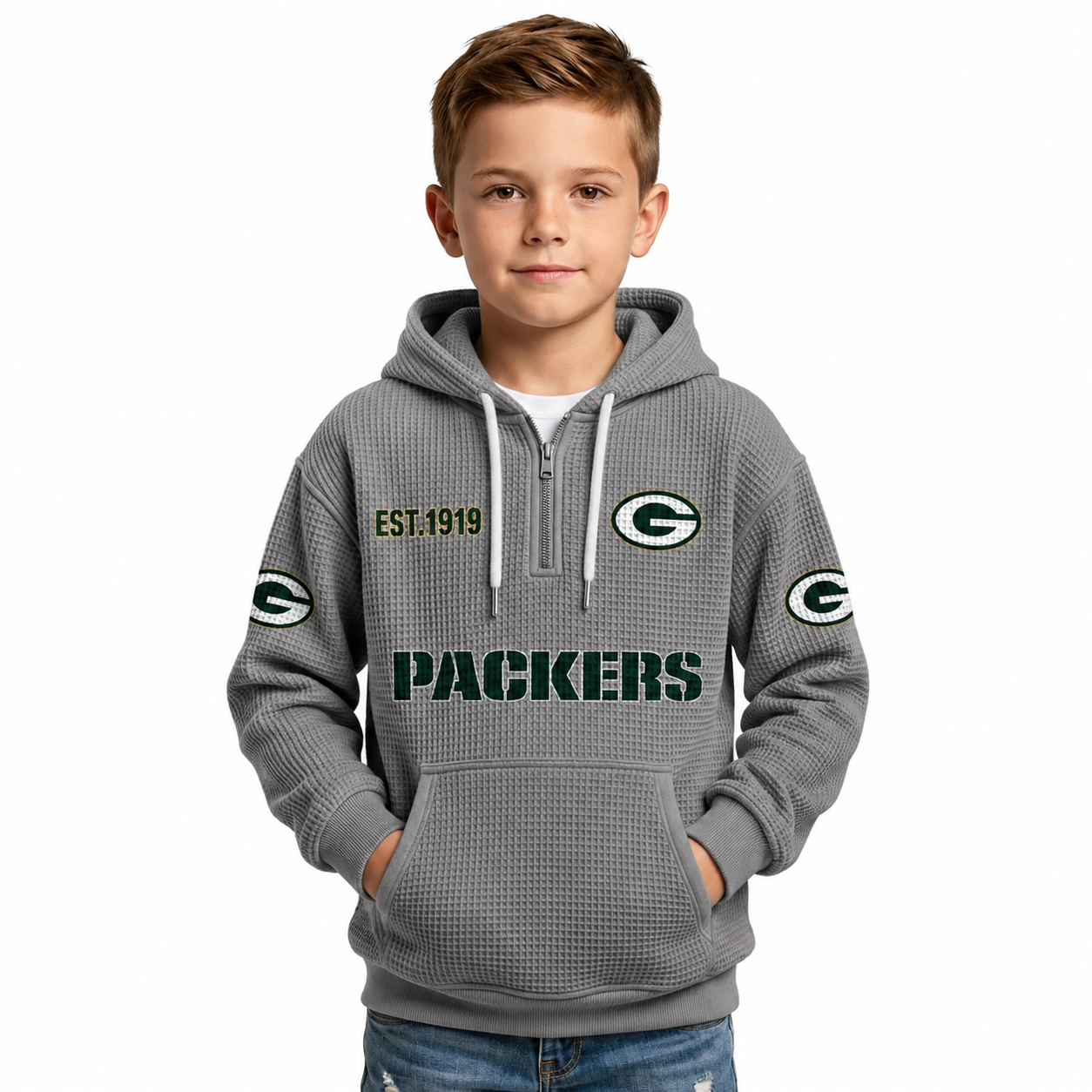 Green Bay Packers Football Themed Quarter Zip Hoodie For Kids