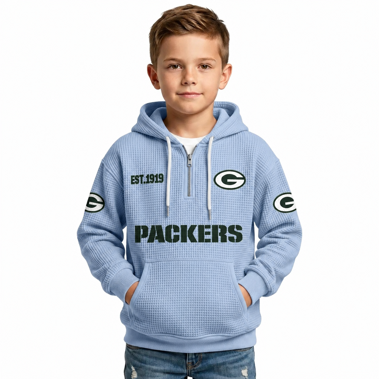 Green Bay Packers Football Themed Quarter Zip Hoodie For Kids