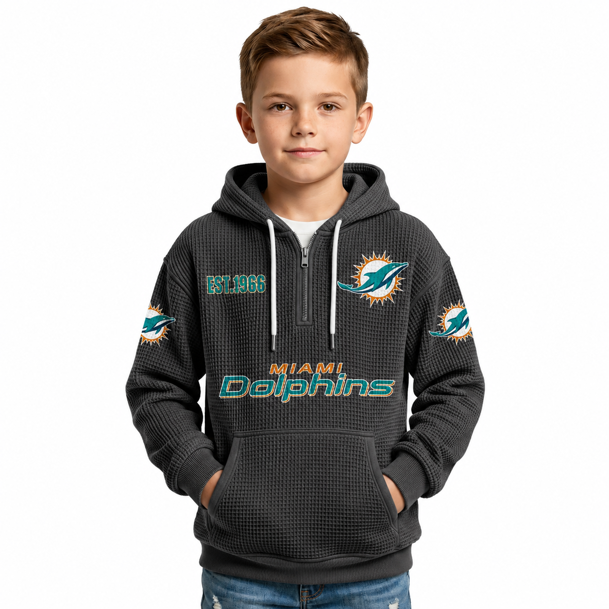 Miami Dolphins Football Themed Quarter Zip Hoodie For Kids