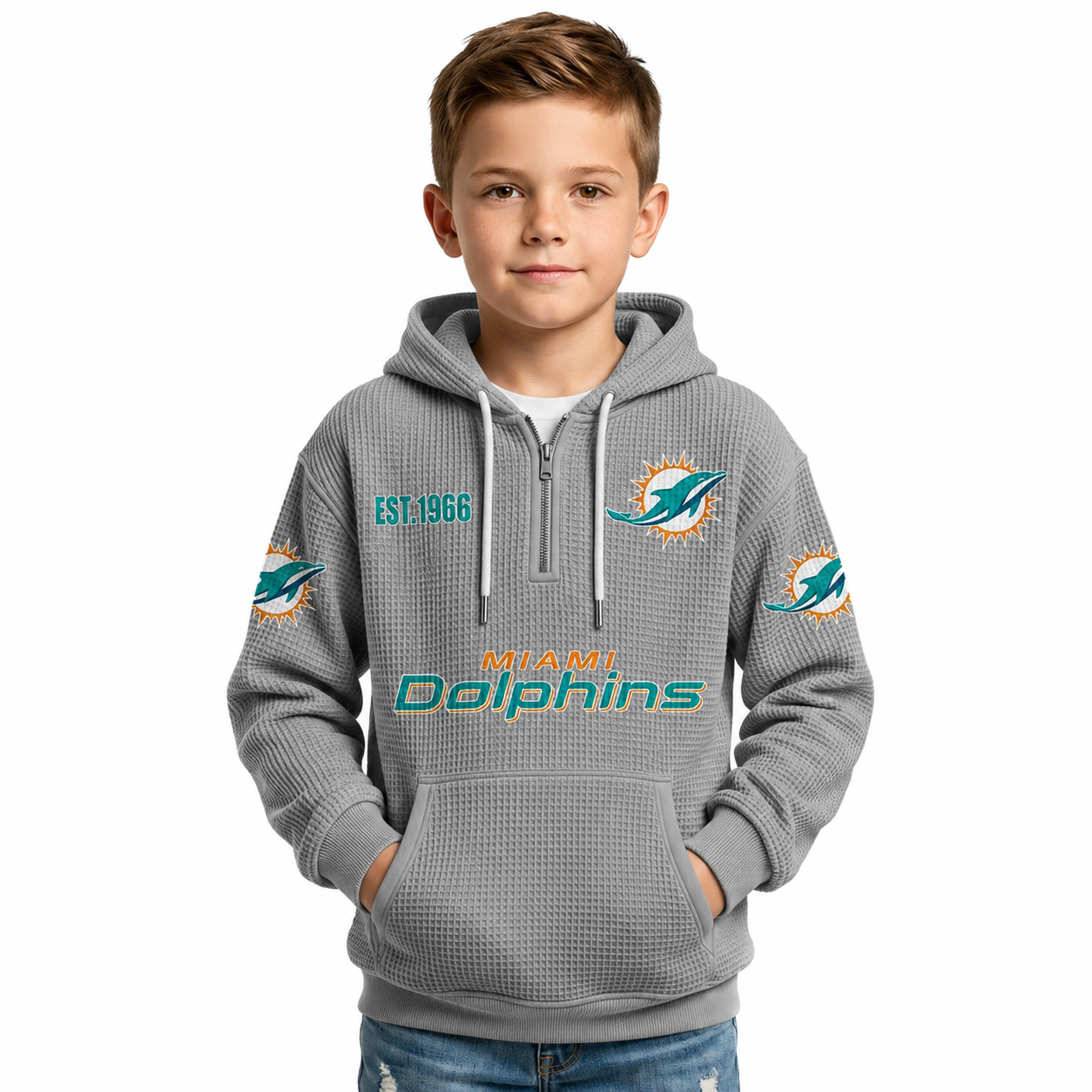 Miami Dolphins Football Themed Quarter Zip Hoodie For Kids