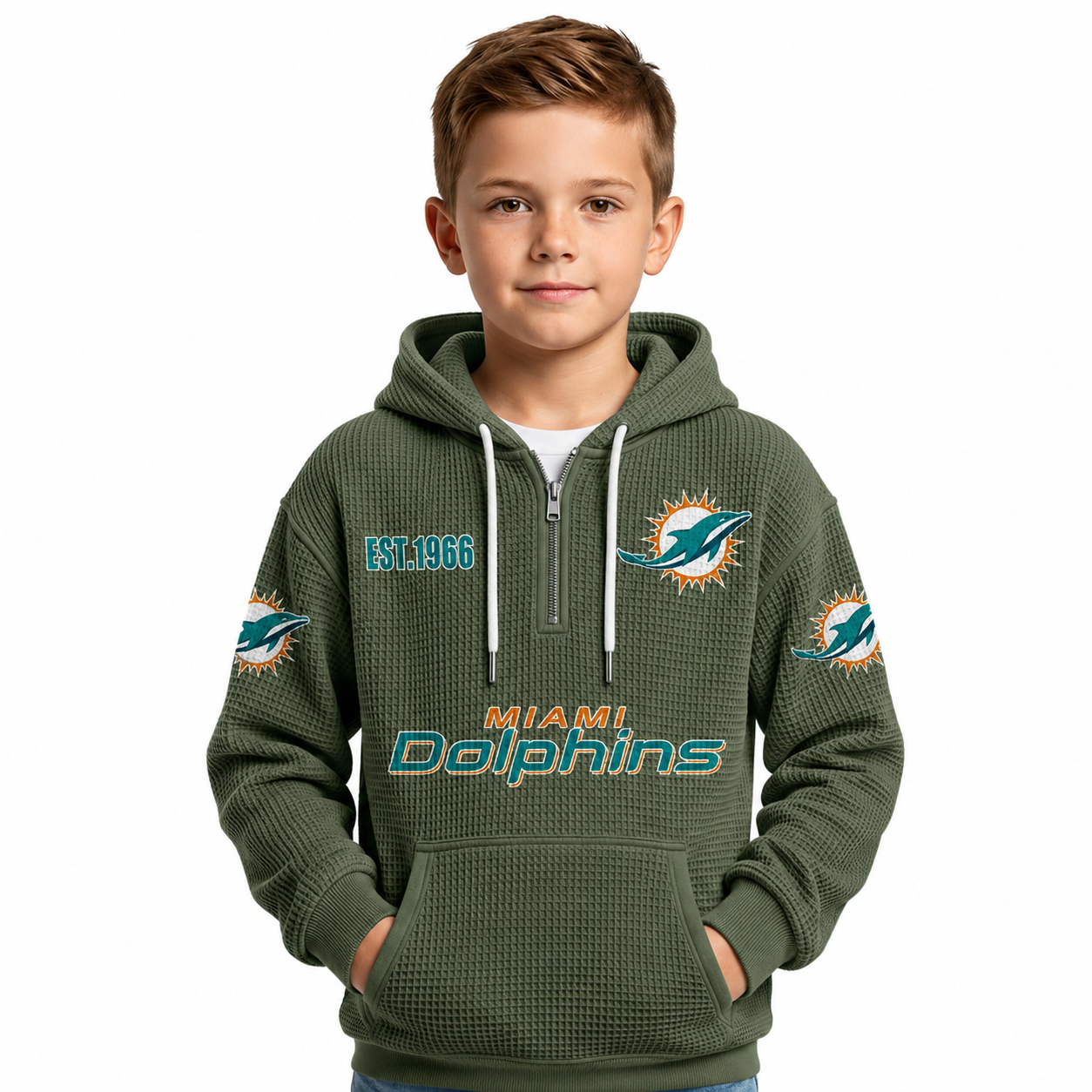 Miami Dolphins Football Themed Quarter Zip Hoodie For Kids