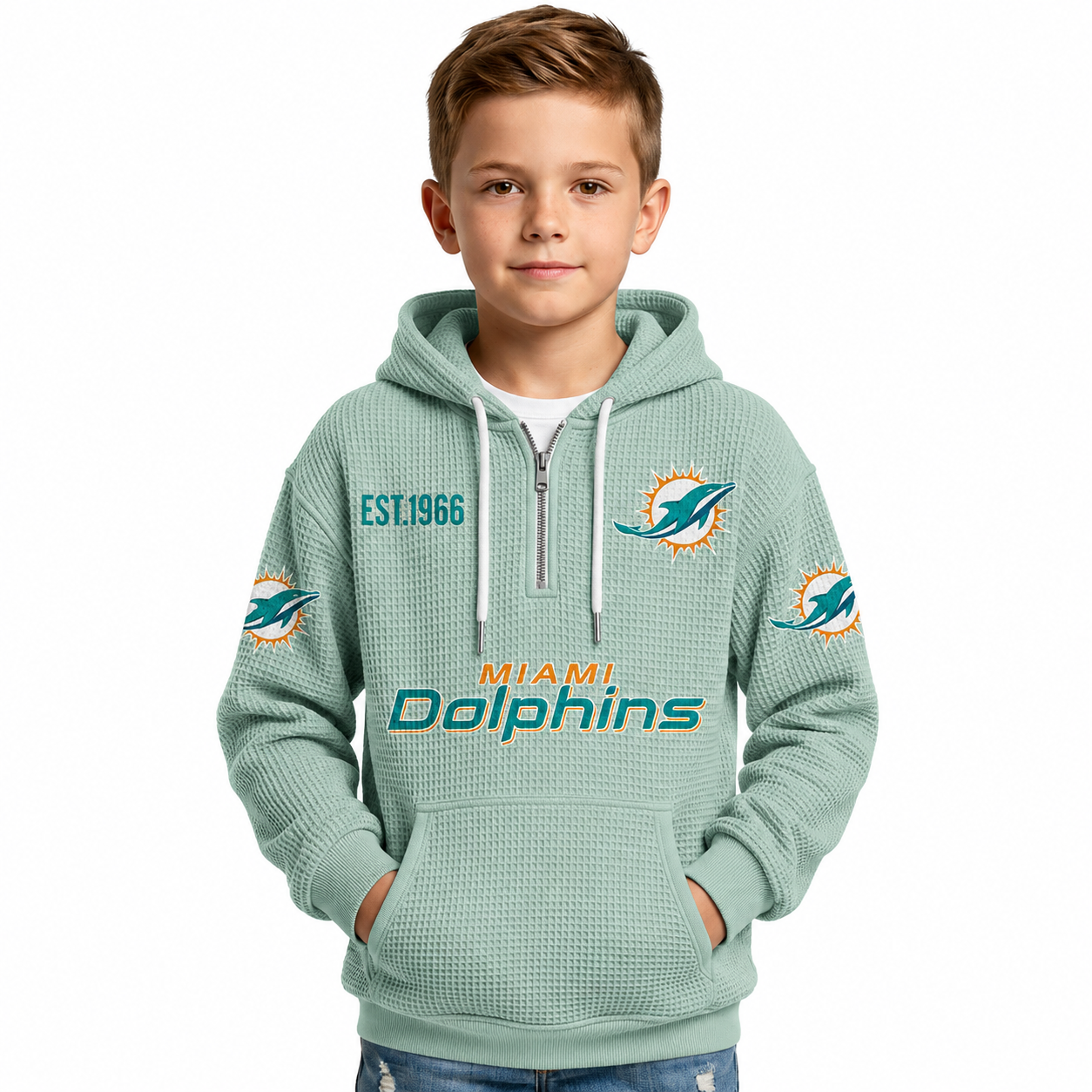 Miami Dolphins Football Themed Quarter Zip Hoodie For Kids