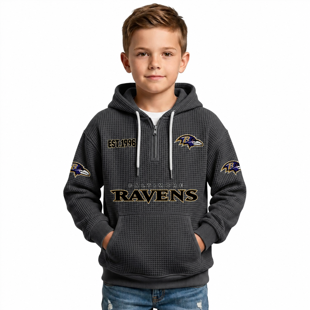Baltimore Ravens EST 1996 Printed Quarter Zip Waffle Football Fan Hoodie For Kids