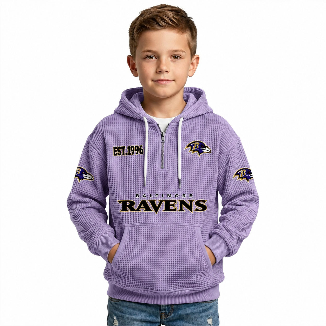 Baltimore Ravens EST 1996 Printed Quarter Zip Waffle Football Fan Hoodie For Kids
