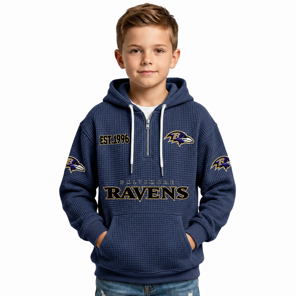 Baltimore Ravens EST 1996 Printed Quarter Zip Waffle Football Fan Hoodie For Kids