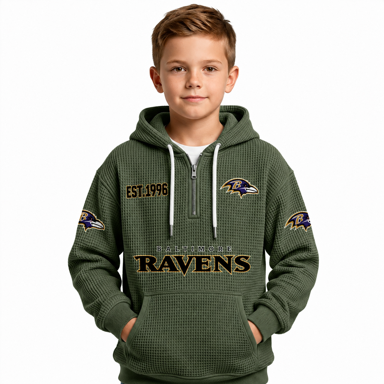 Baltimore Ravens EST 1996 Printed Quarter Zip Waffle Football Fan Hoodie For Kids