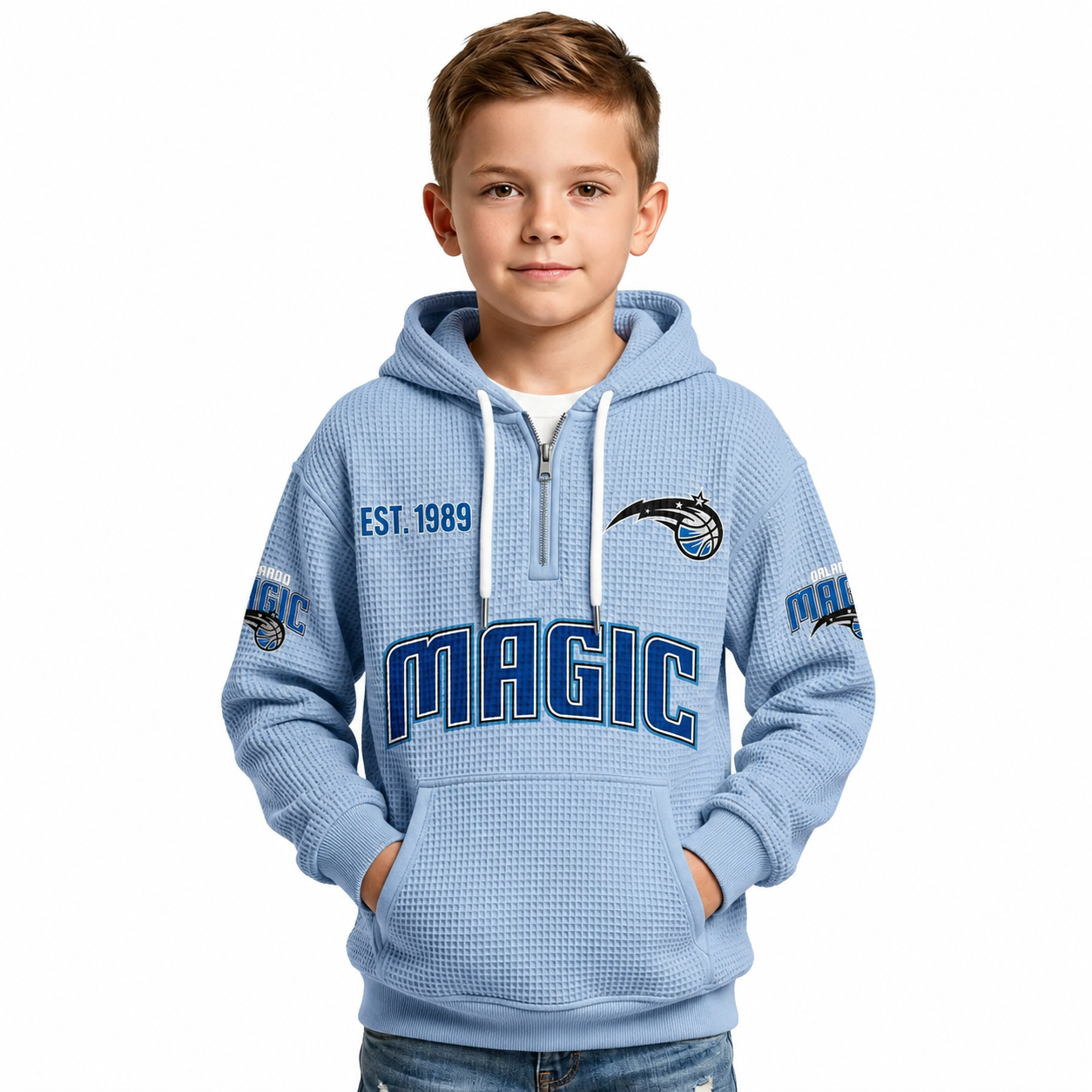 Orlando Magic EST 1989 Printed Waffle Quarter Zip Basketball Fan Hoodie For Kids