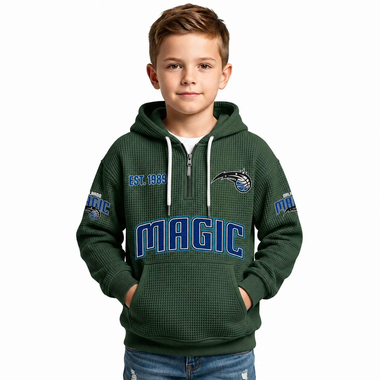 Orlando Magic EST 1989 Printed Waffle Quarter Zip Basketball Fan Hoodie For Kids