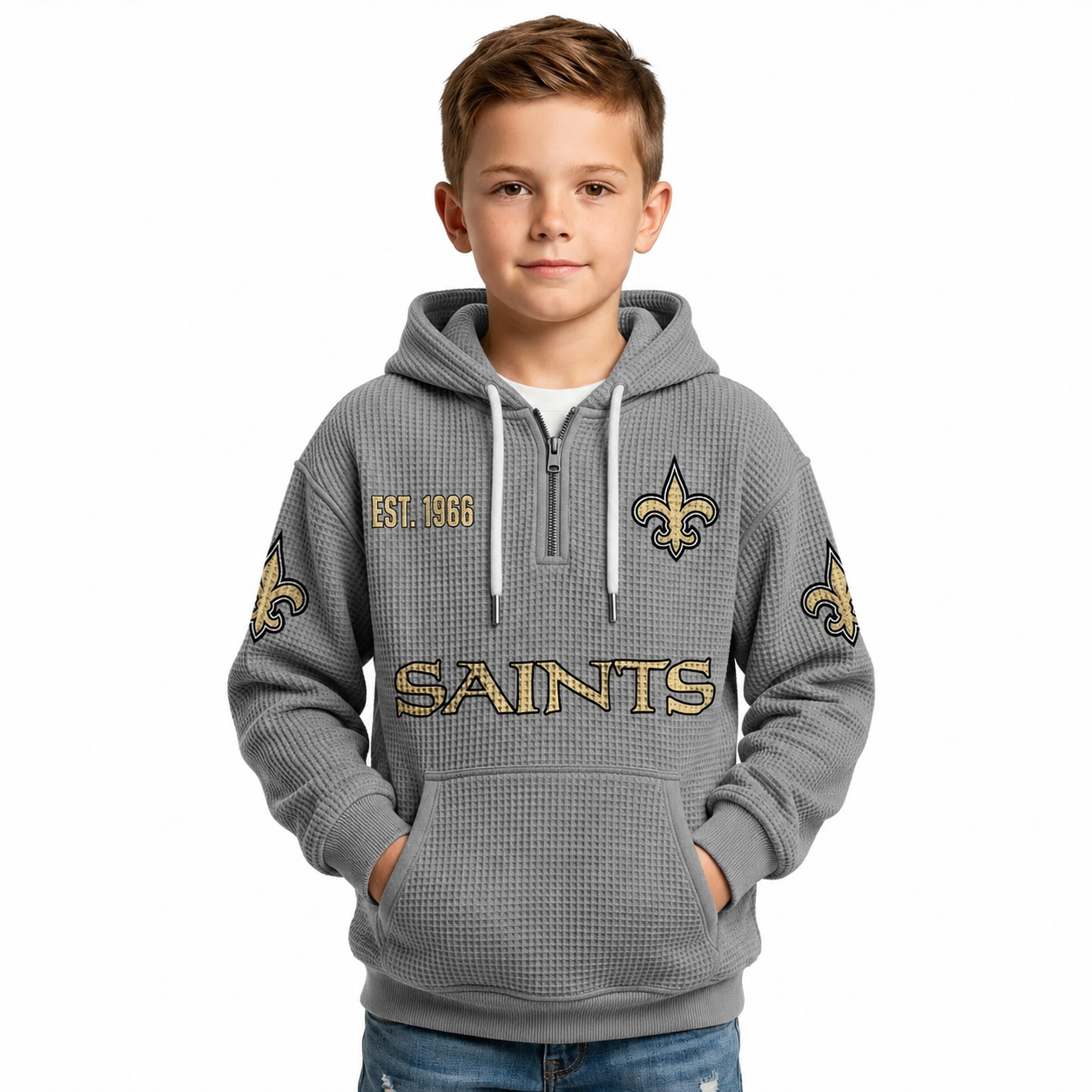 Orleans Saints EST 1966 Waffle Quarter Zip Football Fan Hoodie For Kids
