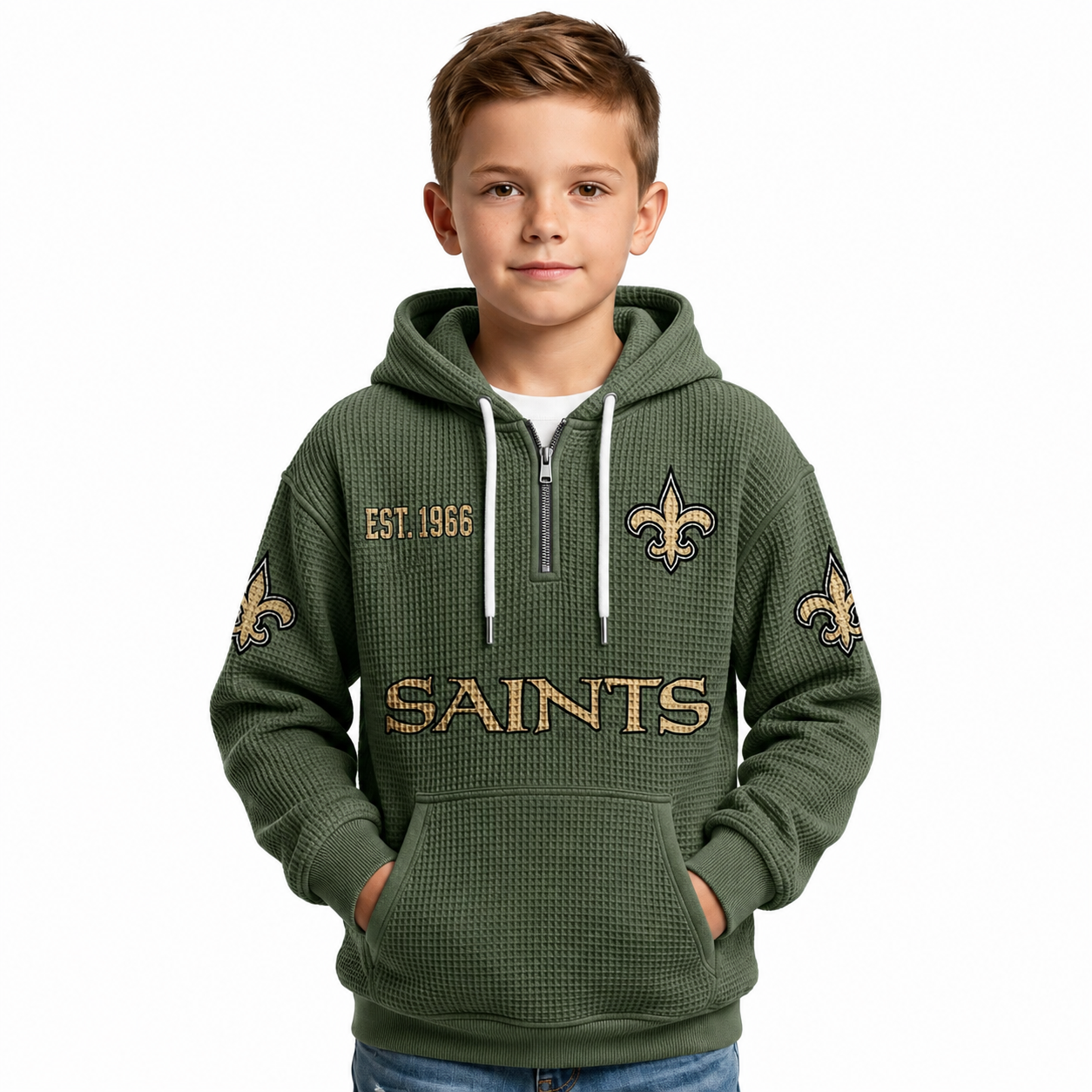 Orleans Saints EST 1966 Waffle Quarter Zip Football Fan Hoodie For Kids