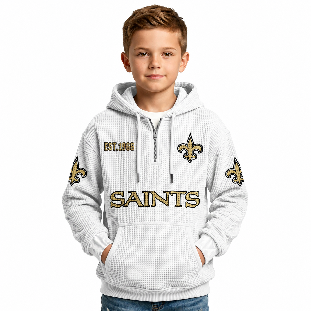 Orleans Saints EST 1966 Waffle Quarter Zip Football Fan Hoodie For Kids