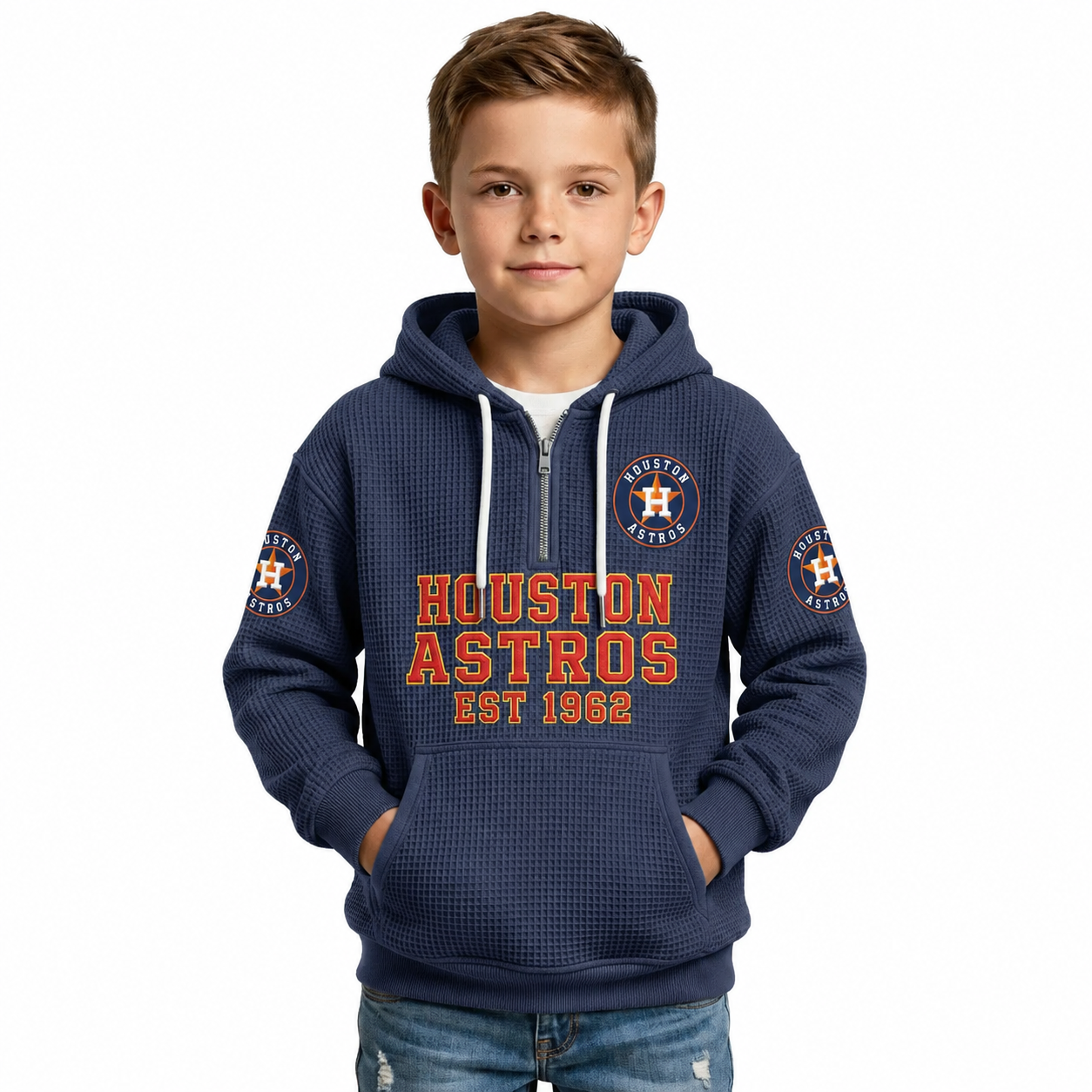 Houston Astros EST 1962 Printed Waffle Quarter Zip Baseball Fan Hoodie For Kids