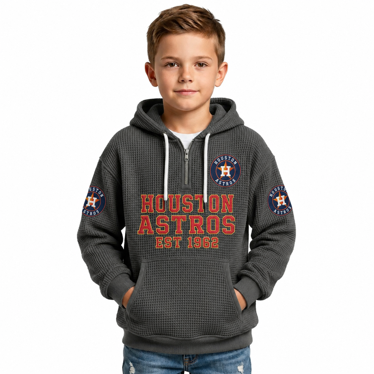 Houston Astros EST 1962 Printed Waffle Quarter Zip Baseball Fan Hoodie For Kids