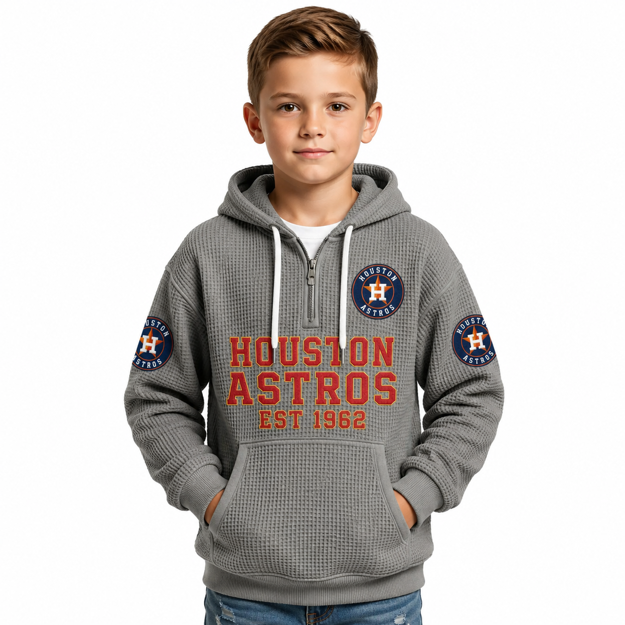 Houston Astros EST 1962 Printed Waffle Quarter Zip Baseball Fan Hoodie For Kids