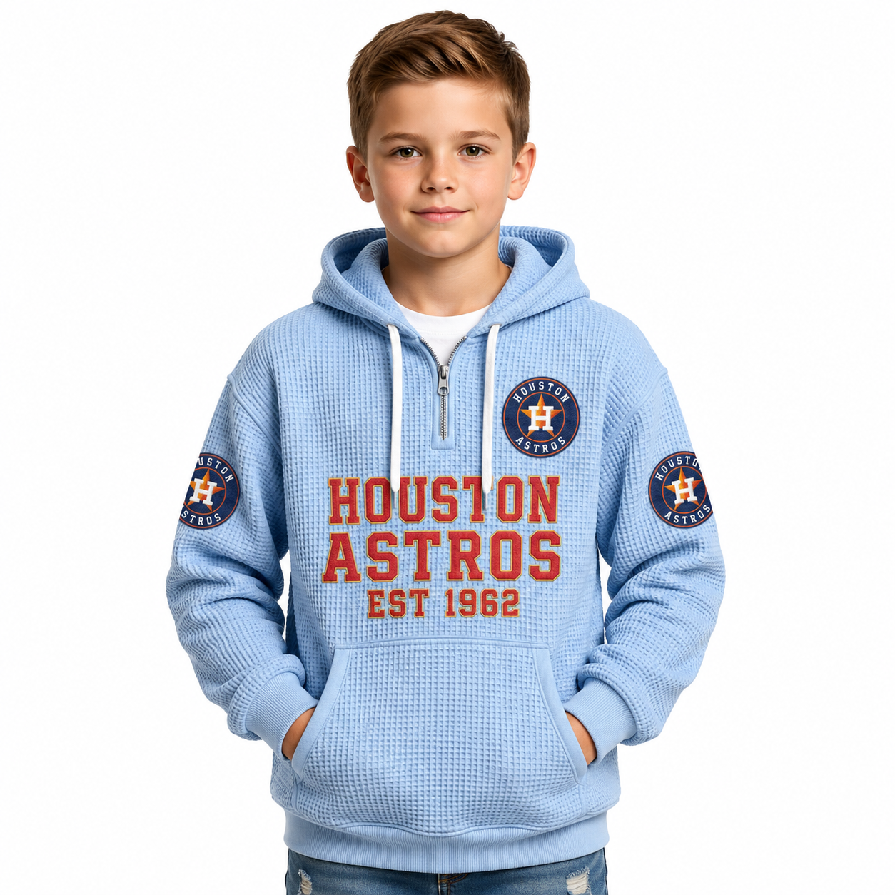 Houston Astros EST 1962 Printed Waffle Quarter Zip Baseball Fan Hoodie For Kids