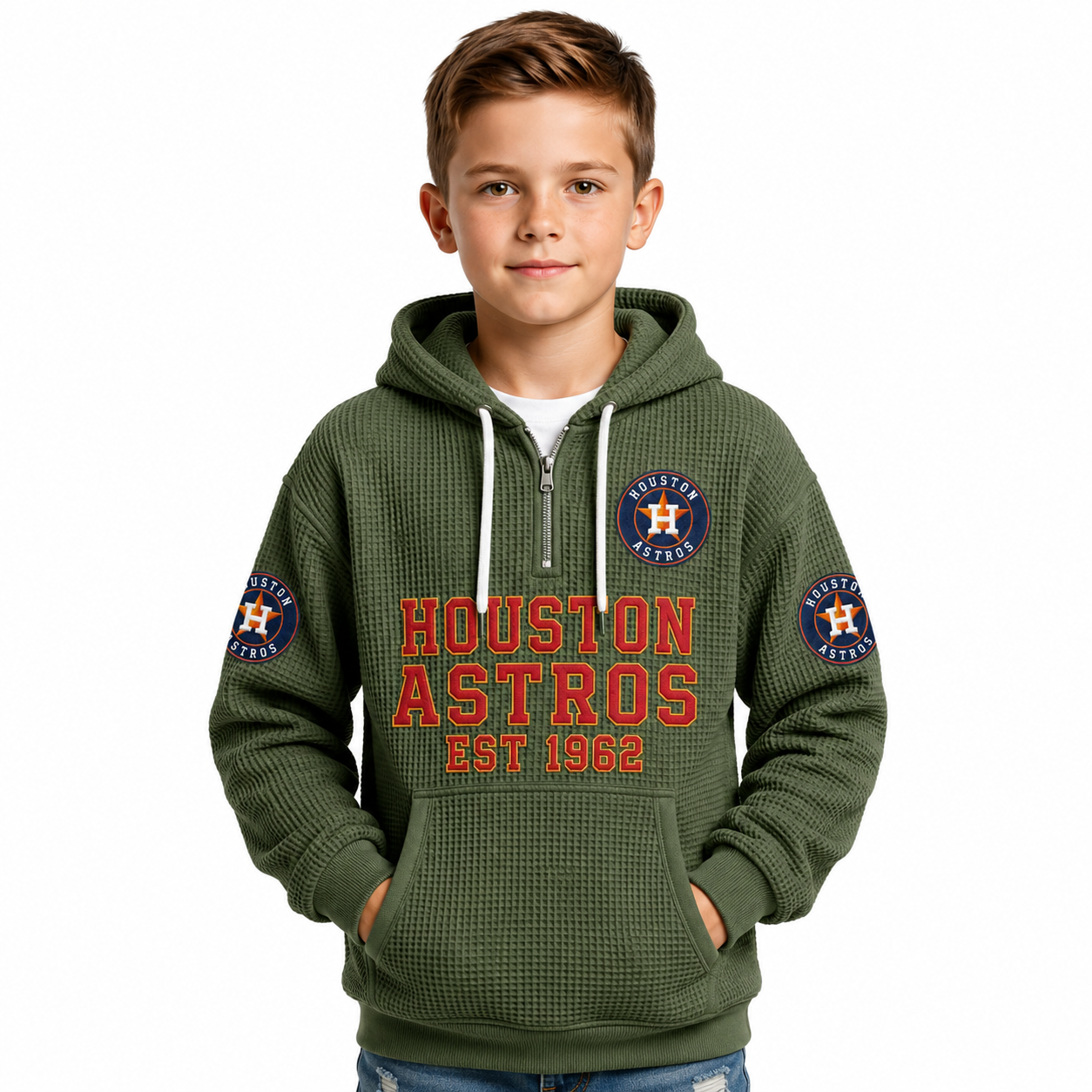Houston Astros EST 1962 Printed Waffle Quarter Zip Baseball Fan Hoodie For Kids