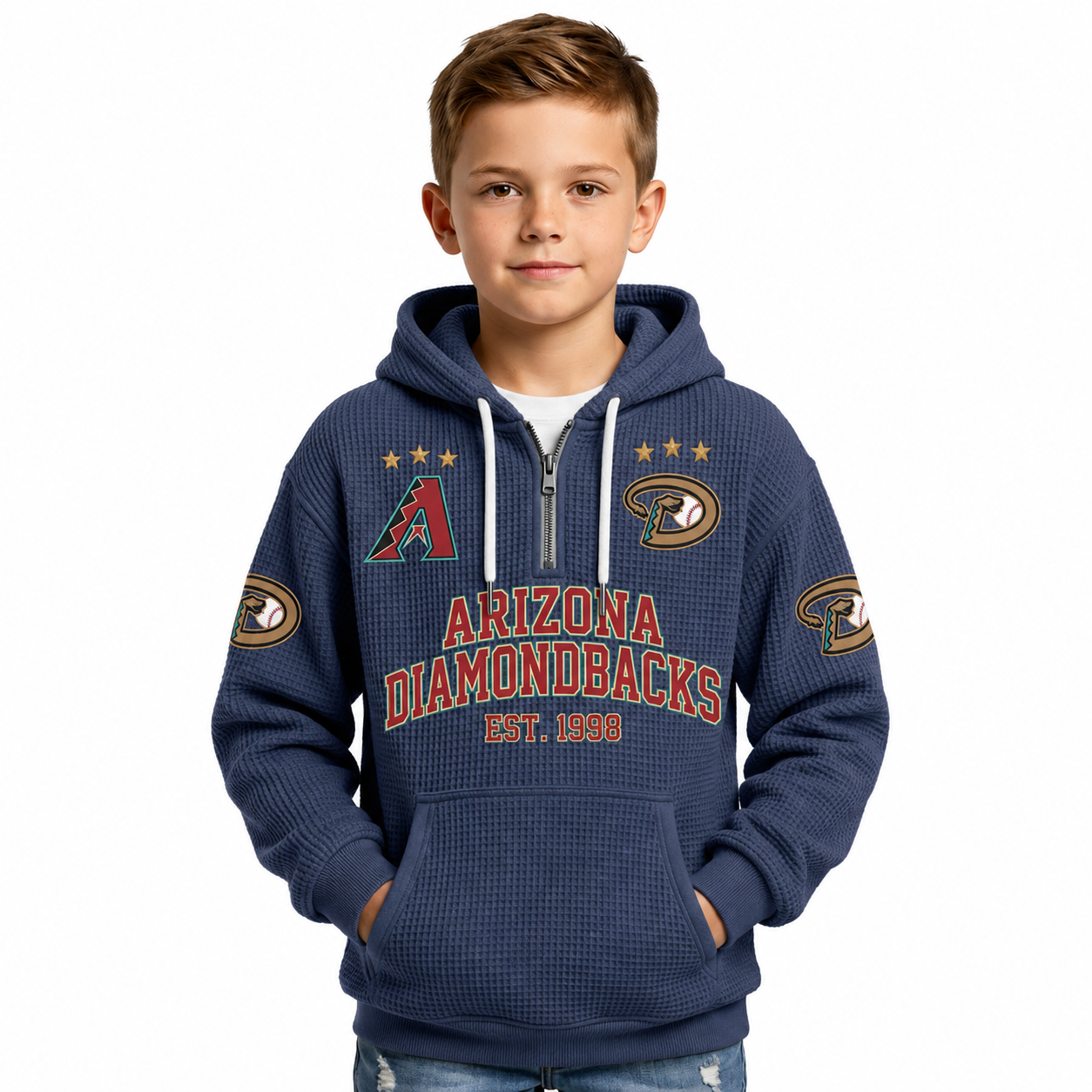 Arizona Diamondbacks EST 1998 Printed Waffle Quarter Zip Baseball Fan Hoodie For Kids