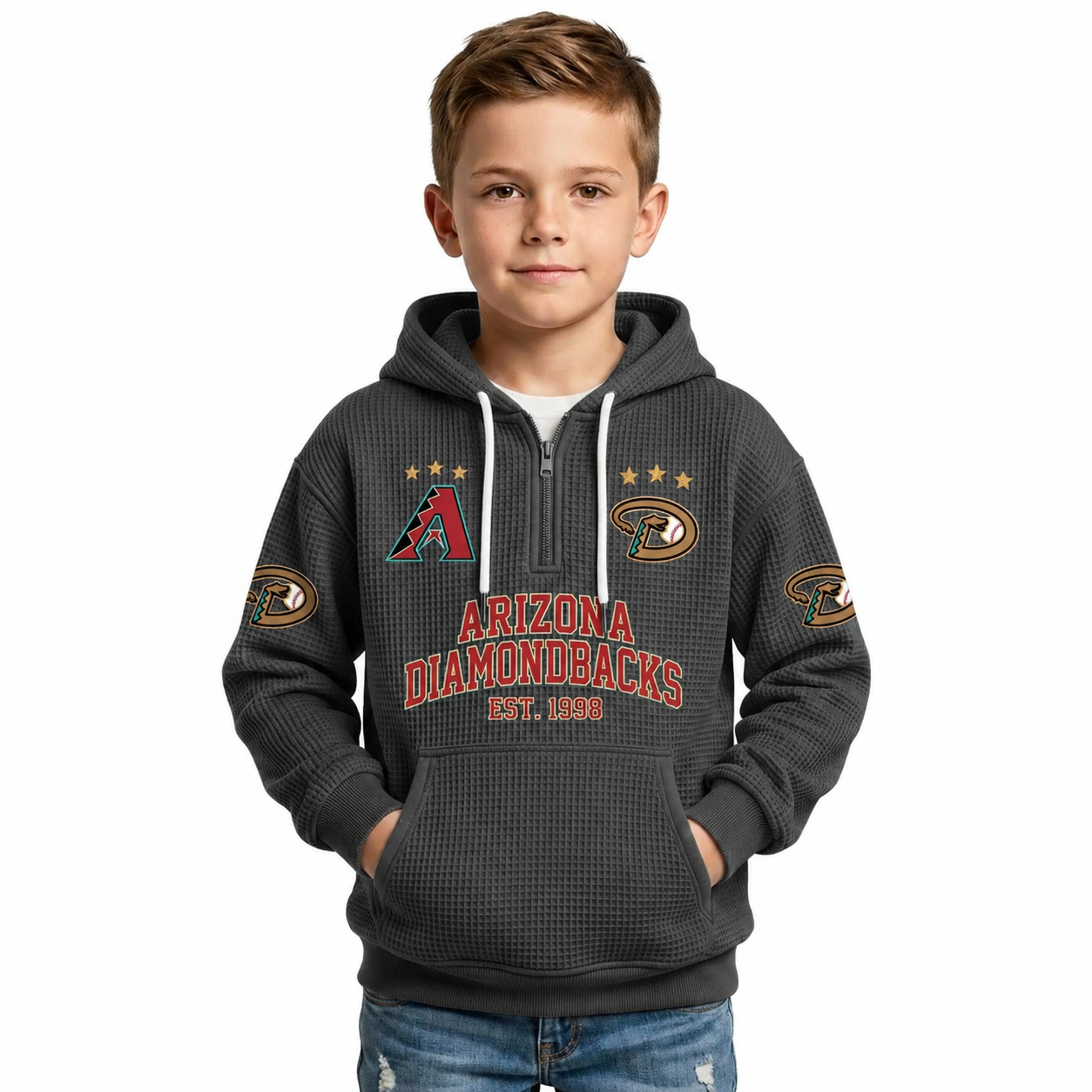 Arizona Diamondbacks EST 1998 Printed Waffle Quarter Zip Baseball Fan Hoodie For Kids