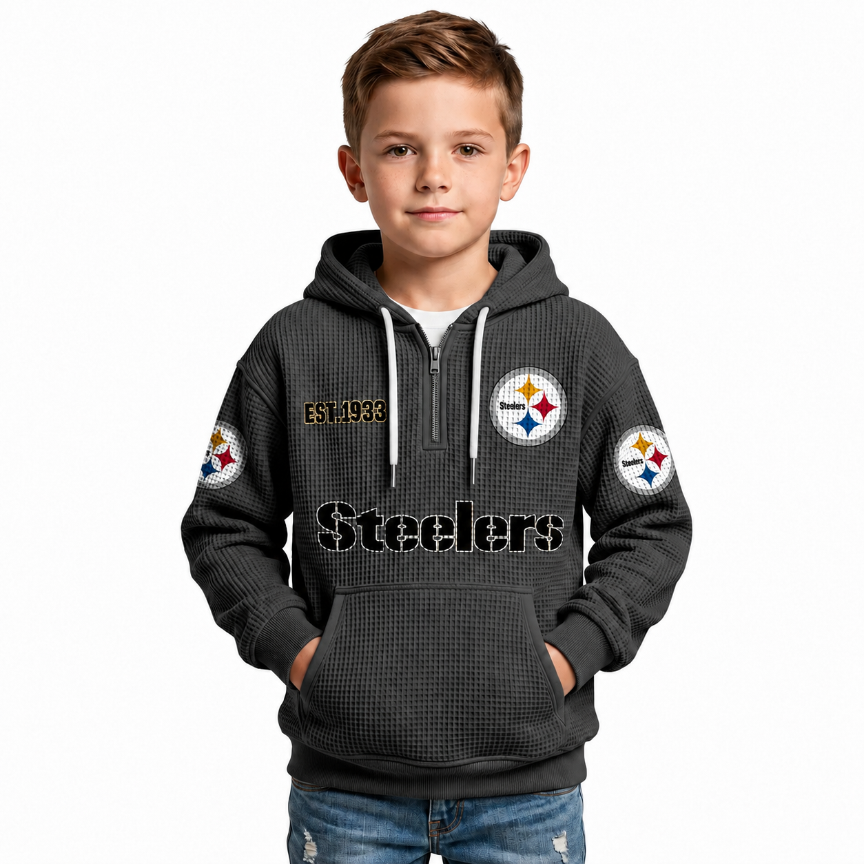 Classic Pittsburgh Steelers Football Inspired Quarter Zip Hoodie For Kids