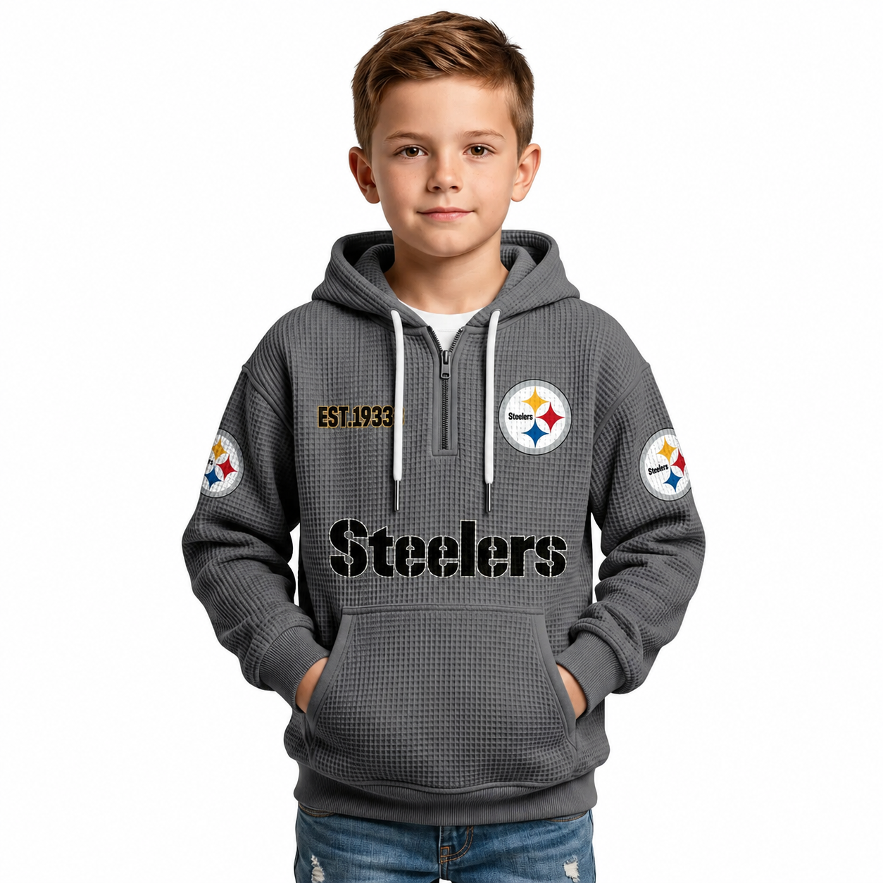 Classic Pittsburgh Steelers Football Inspired Quarter Zip Hoodie For Kids