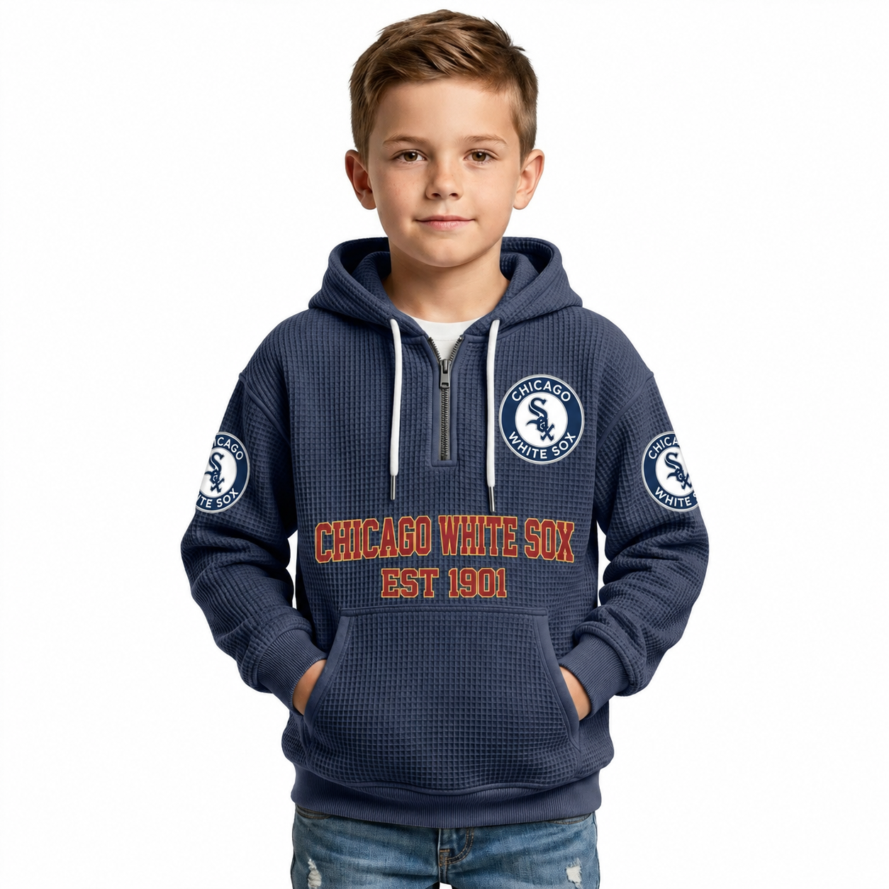 Chicago White Sox EST 1901 Printed Waffle Quarter Zip Baseball Fan Hoodie For Kids