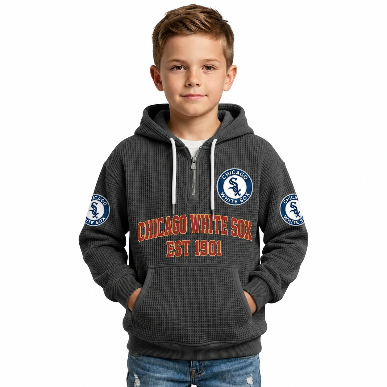 Chicago White Sox EST 1901 Printed Waffle Quarter Zip Baseball Fan Hoodie For Kids