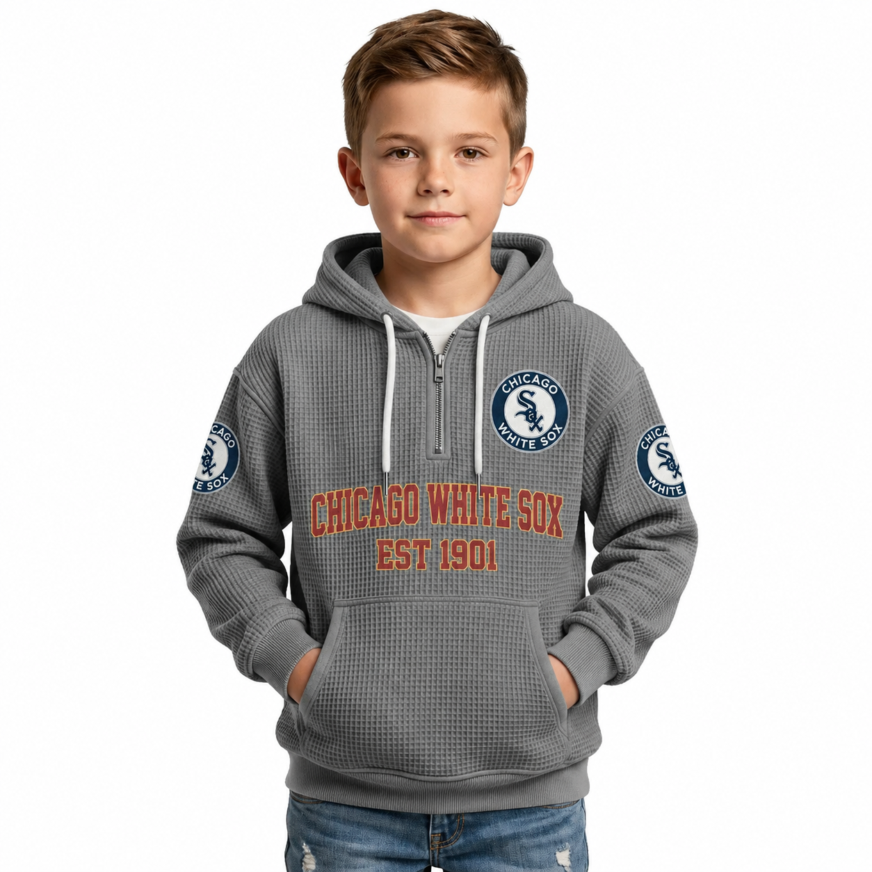 Chicago White Sox EST 1901 Printed Waffle Quarter Zip Baseball Fan Hoodie For Kids