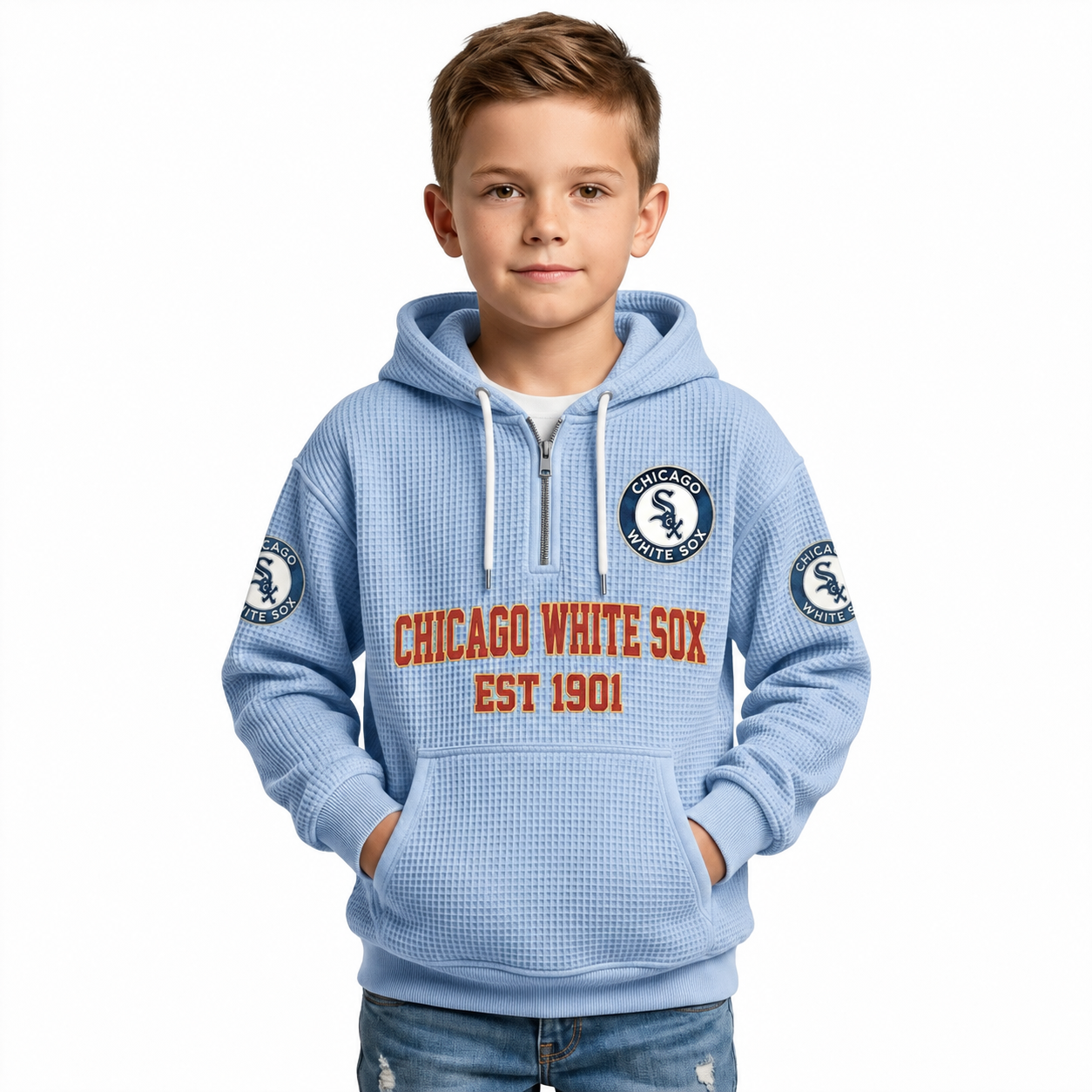 Chicago White Sox EST 1901 Printed Waffle Quarter Zip Baseball Fan Hoodie For Kids